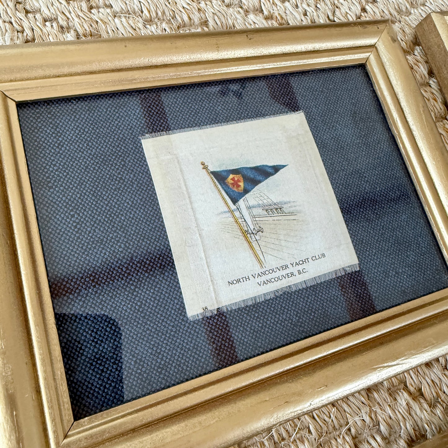 Set of 4 Antique Yacht Boating Club Silks on Navy Linen in Gold Frames (Set H)