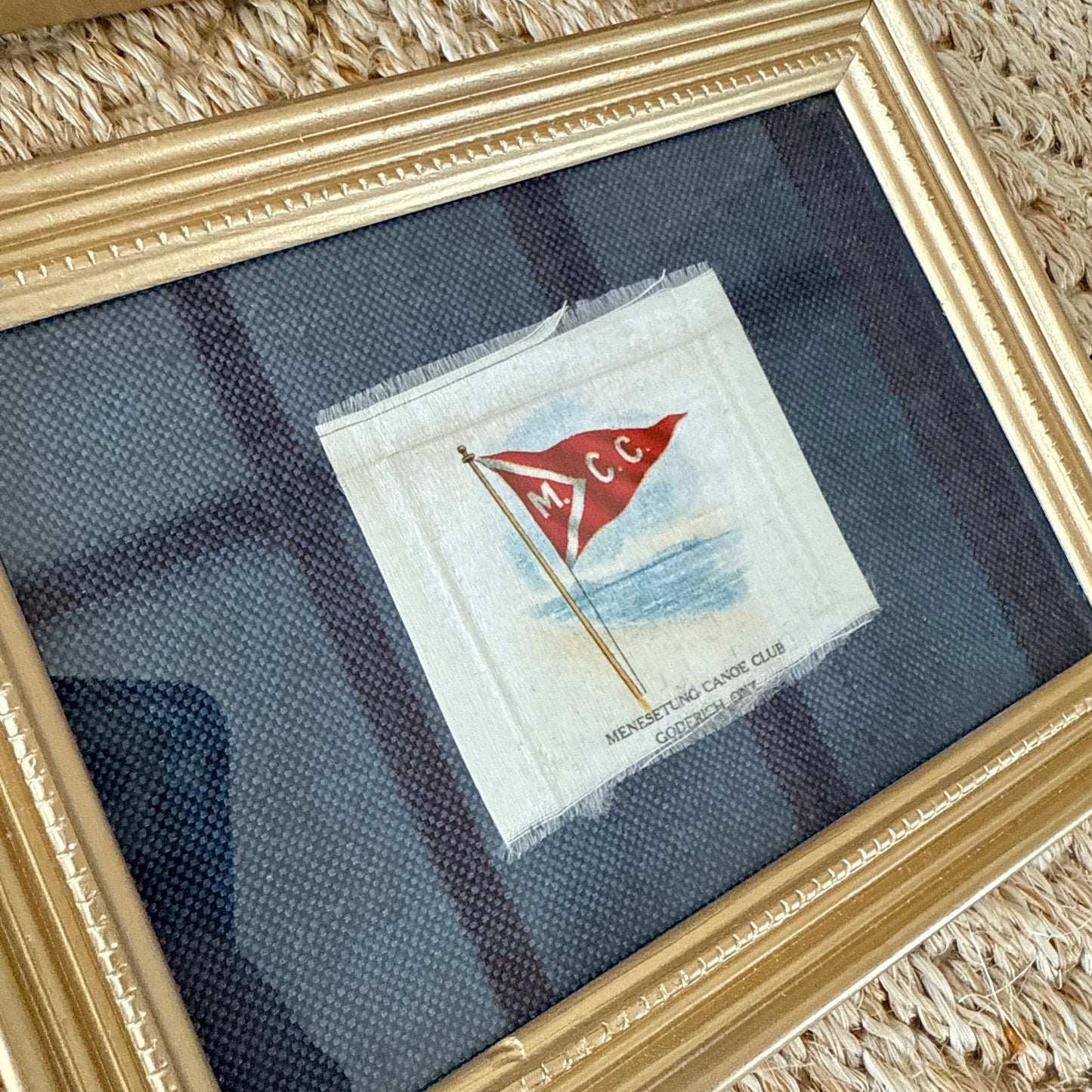 Set of 4 Antique Yacht Boating Club Silks on Navy Linen in Gold Frames (Set H)