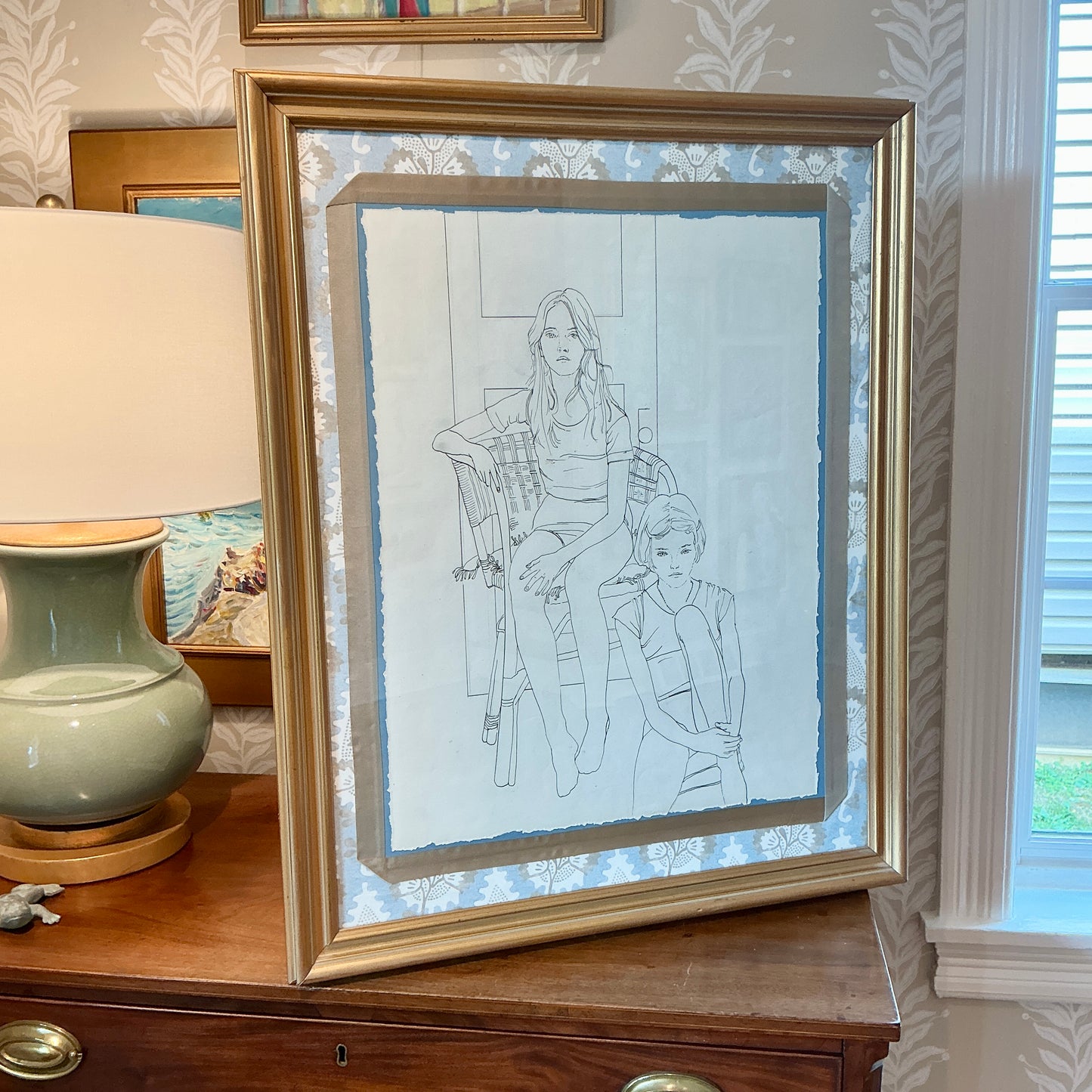 Robert Lee Finch Summer Sisters Ink Drawing Portrait on Designer Fabric in Gold Frame
