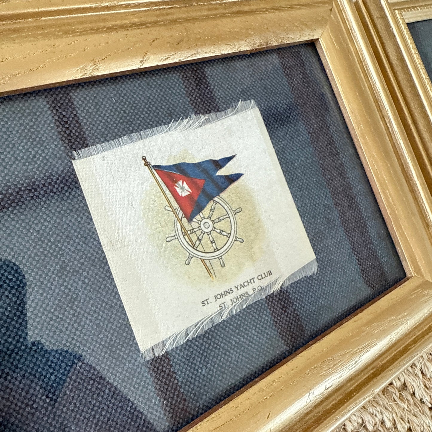 Set of 4 Antique Yacht Boating Club Silks on Navy Linen in Gold Frames (Set H)