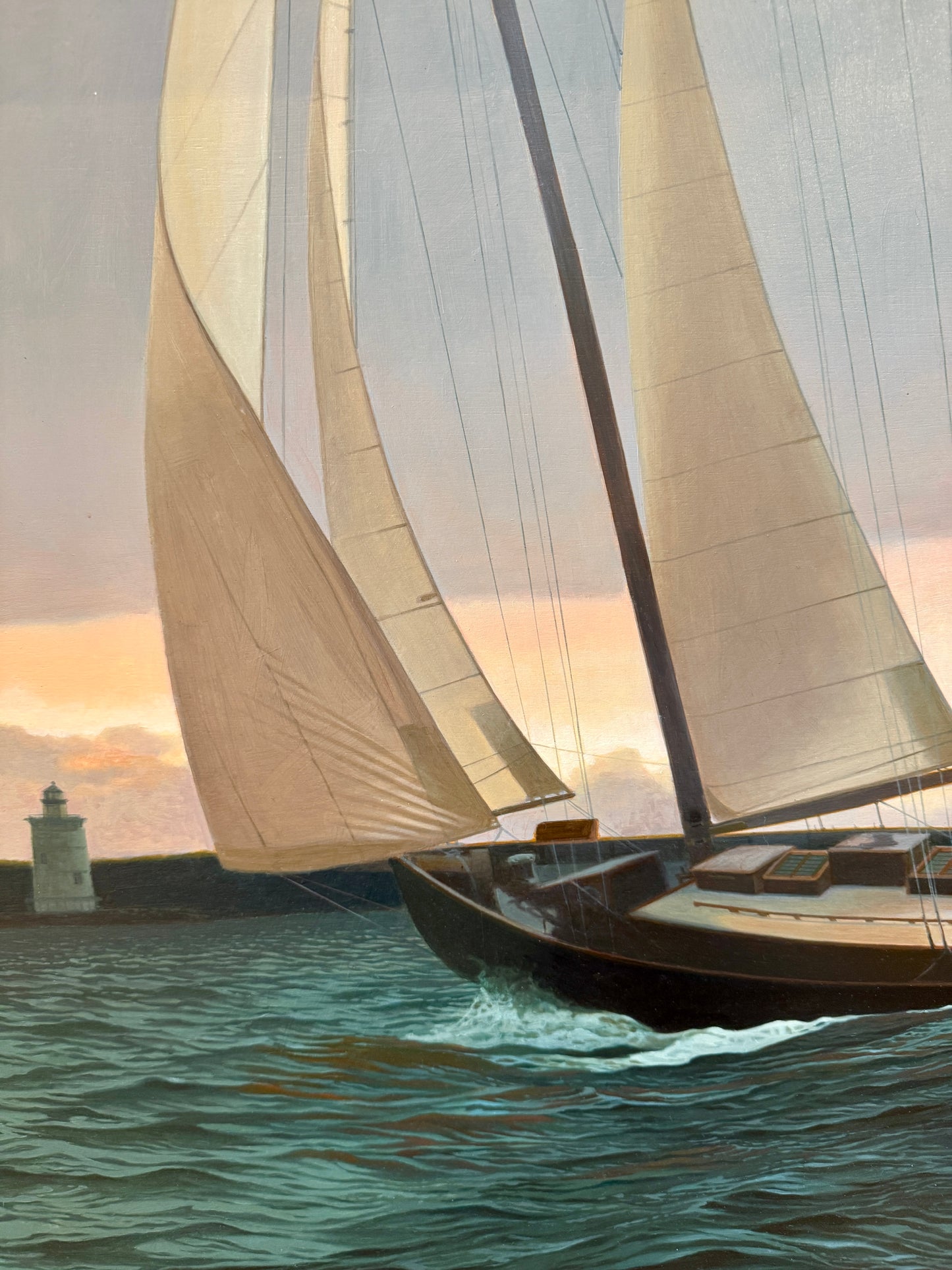 Loretta Krupinkski The Schooner Tarbaby Sailboat in Seascape Oil Painting on Mahogany in Gold Frame