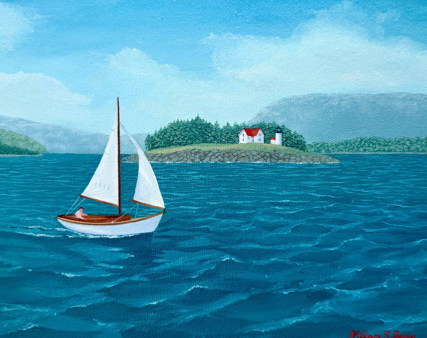 William Beebe Sailboat in Seascape Off Curtis Island Maine Oil Painting in Gold Frame