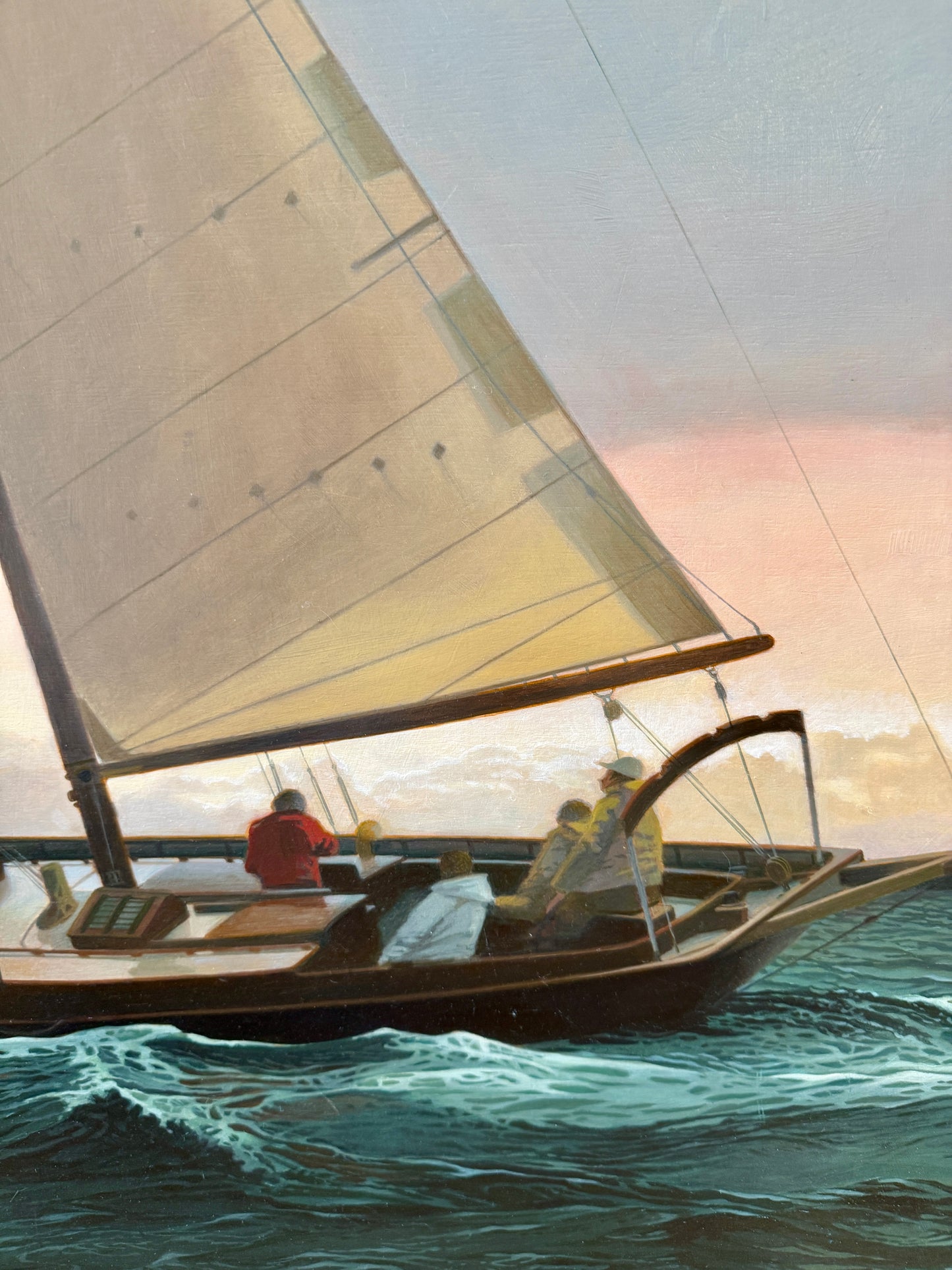 Loretta Krupinkski The Schooner Tarbaby Sailboat in Seascape Oil Painting on Mahogany in Gold Frame