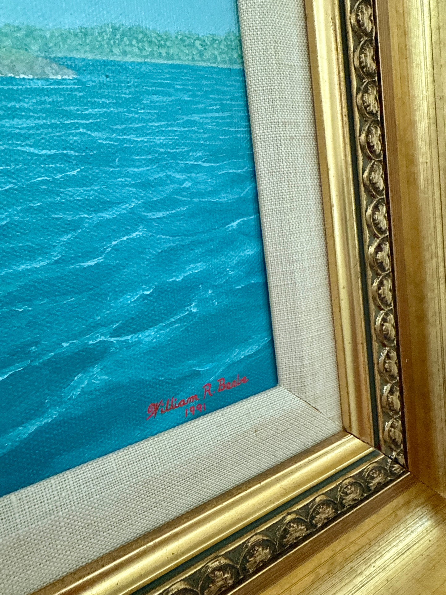 William Beebe Sailboat in Seascape Off Curtis Island Maine Oil Painting in Gold Frame