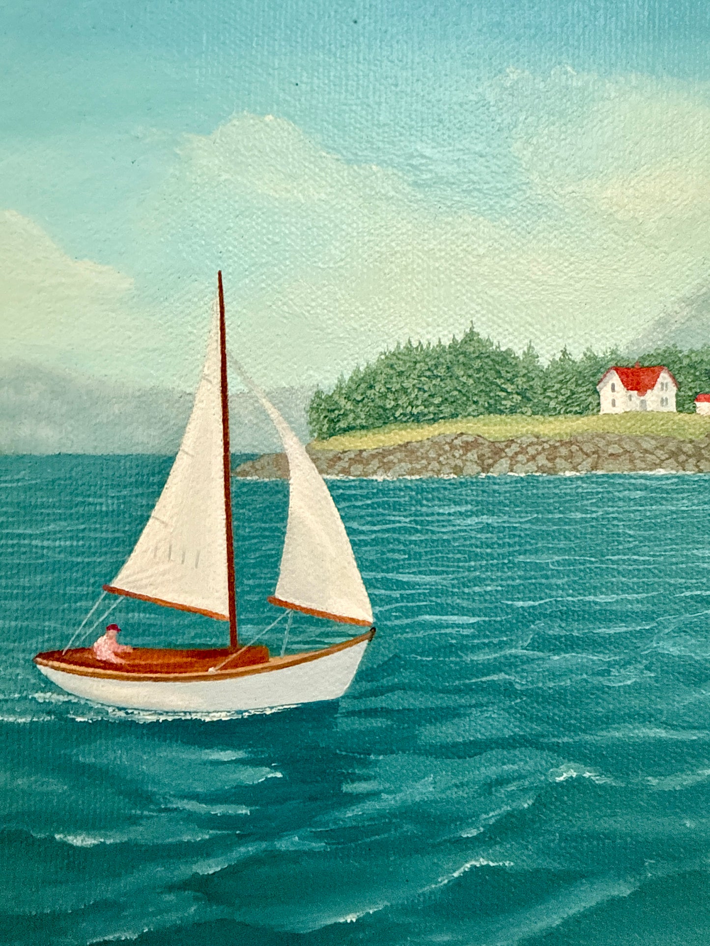 William Beebe Sailboat in Seascape Off Curtis Island Maine Oil Painting in Gold Frame