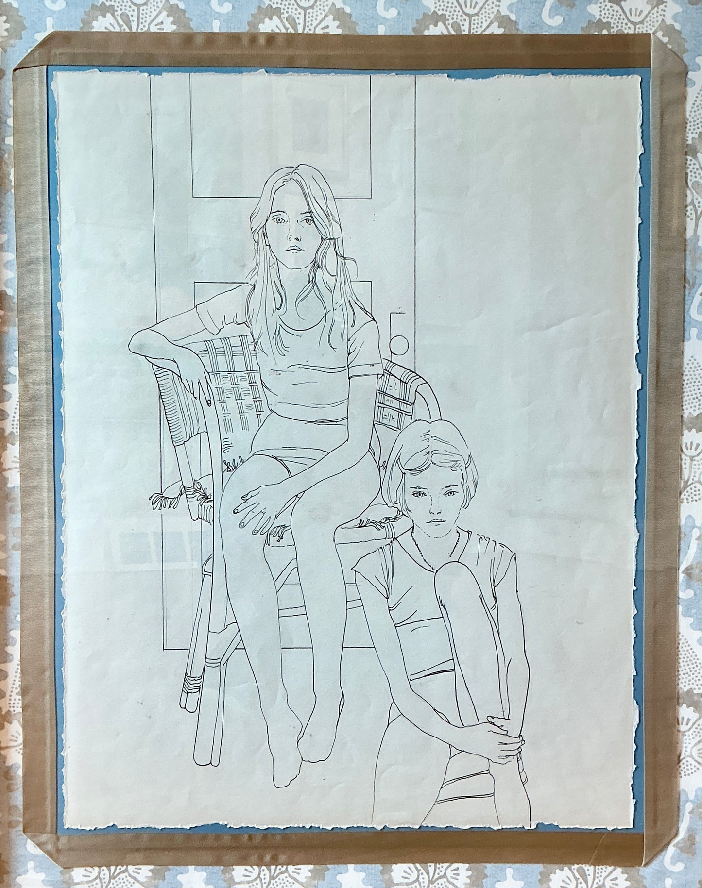 Robert Lee Finch Summer Sisters Ink Drawing Portrait on Designer Fabric in Gold Frame