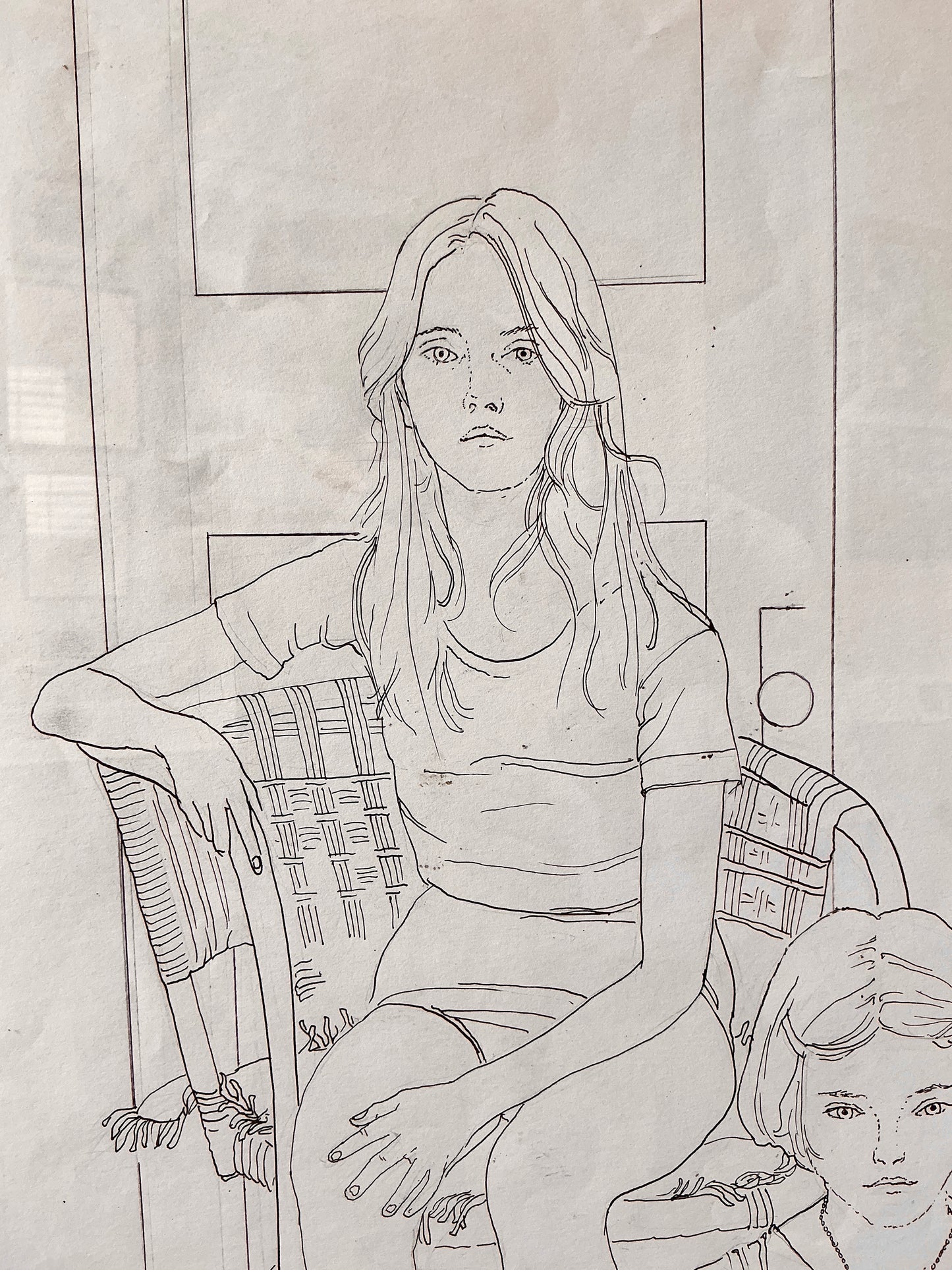 Robert Lee Finch Summer Sisters Ink Drawing Portrait on Designer Fabric in Gold Frame
