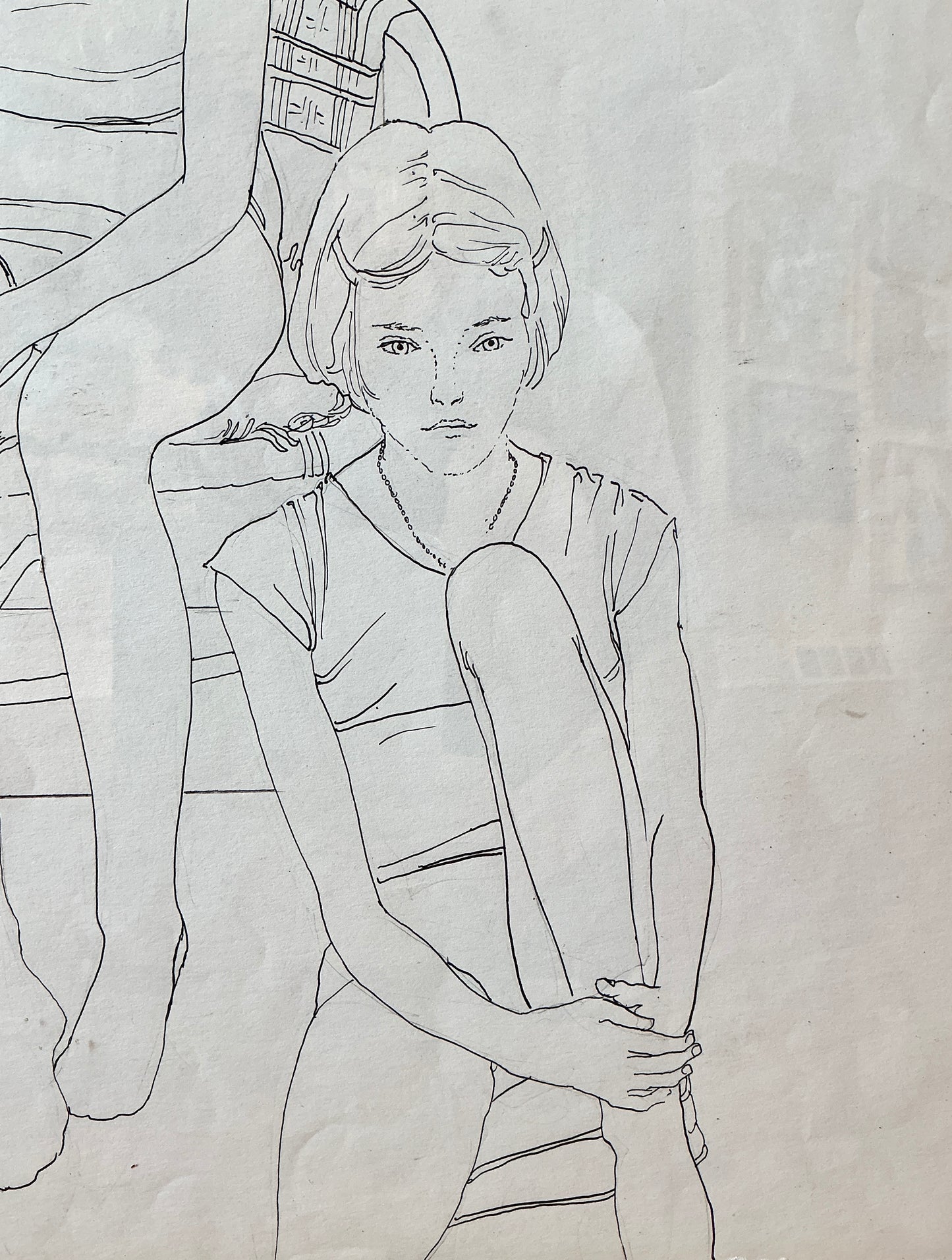 Robert Lee Finch Summer Sisters Ink Drawing Portrait on Designer Fabric in Gold Frame
