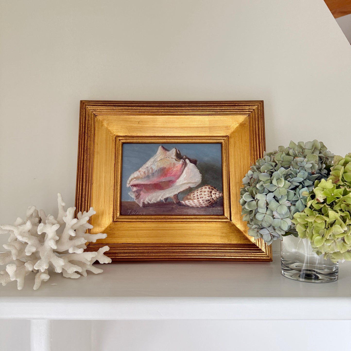 Conch and Cone Shells on Blue and White Striped Cloth Still Life Oil Painting in Gold Frame