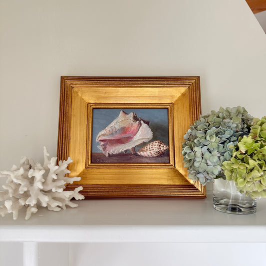 Conch and Cone Shells on Blue and White Striped Cloth Still Life Oil Painting in Gold Frame