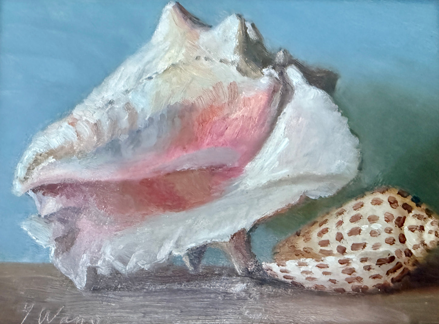 Conch and Cone Shells on Blue and White Striped Cloth Still Life Oil Painting in Gold Frame