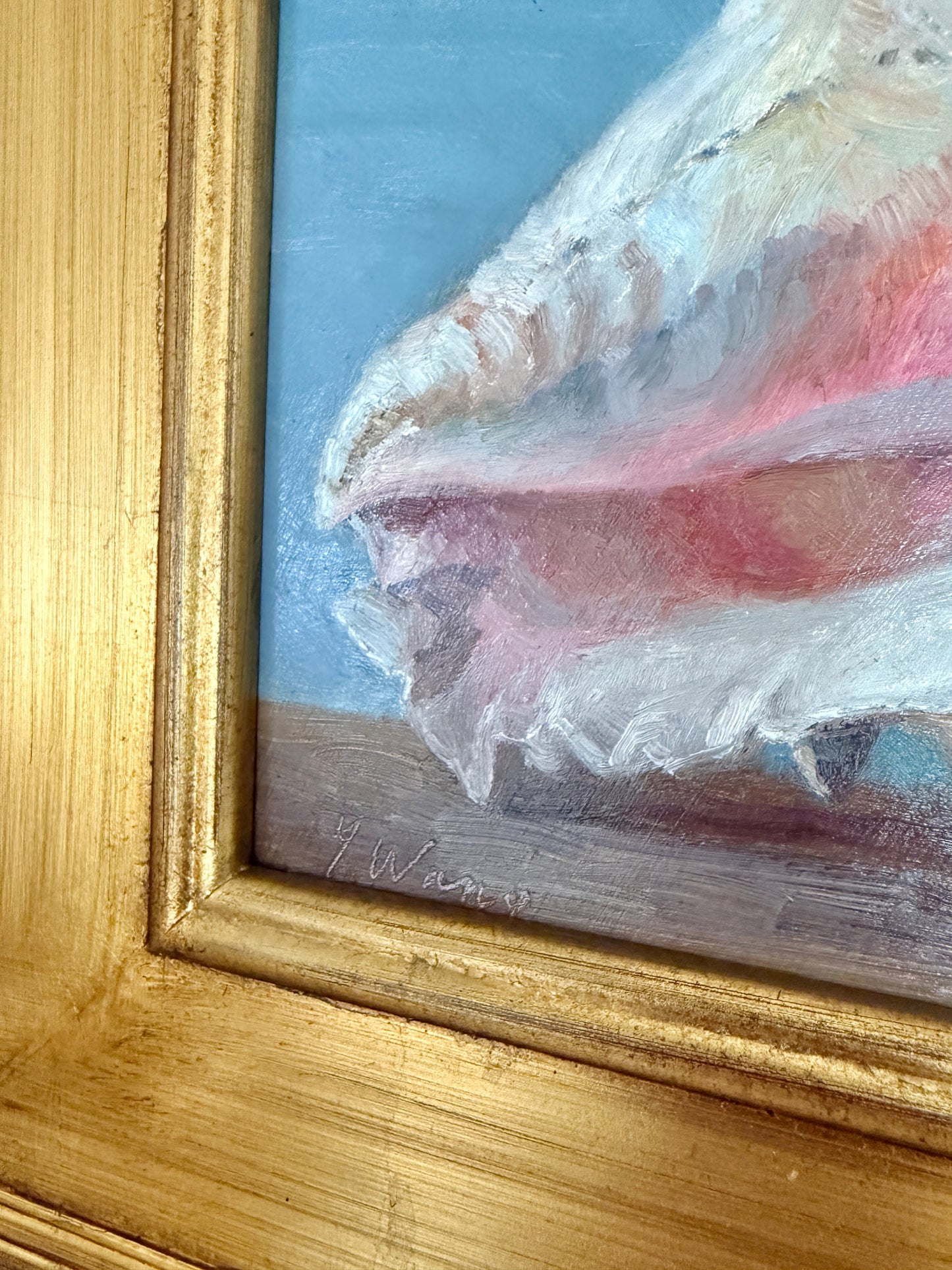 Conch and Cone Shells on Blue and White Striped Cloth Still Life Oil Painting in Gold Frame