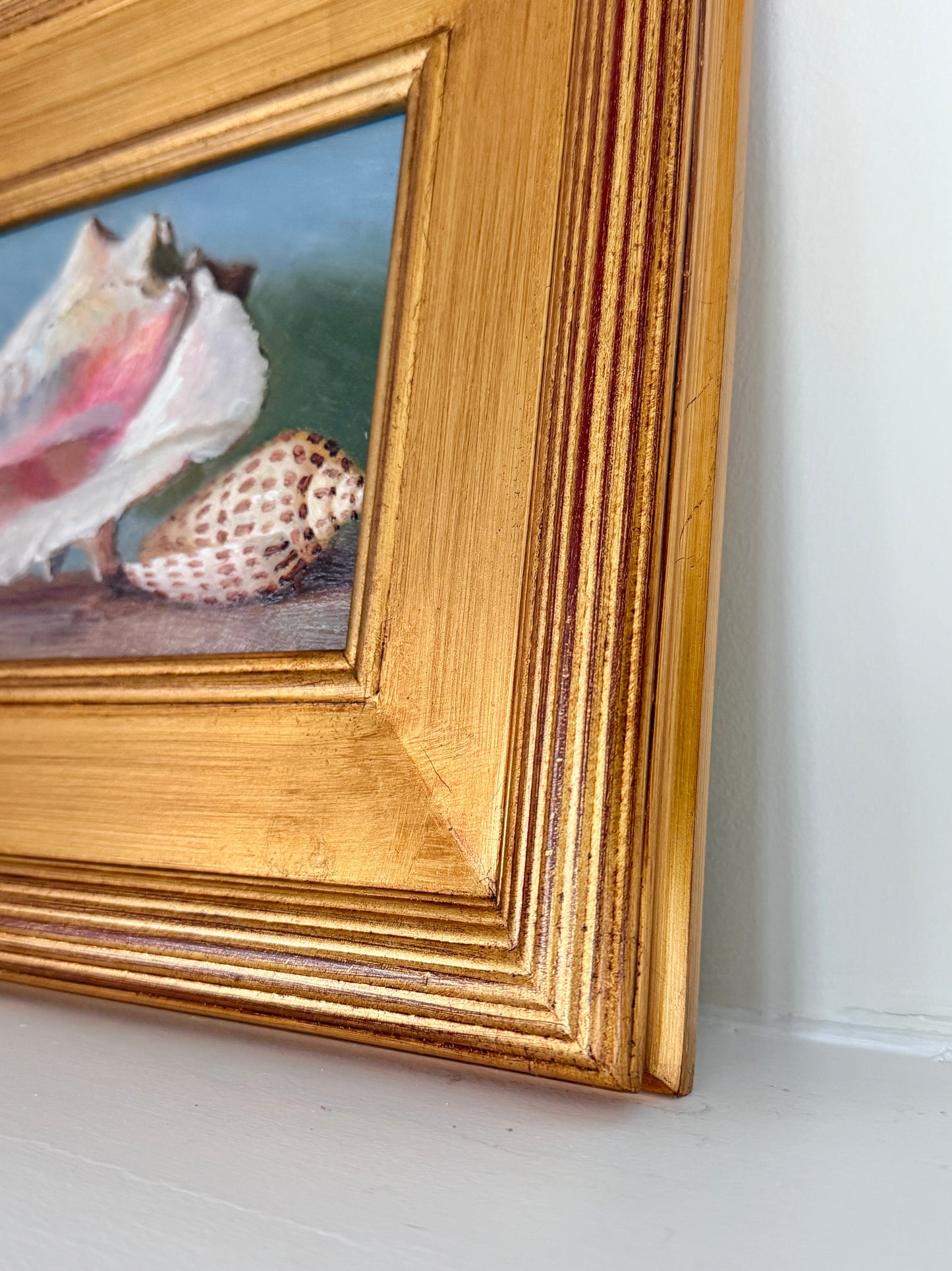 Conch and Cone Shells on Blue and White Striped Cloth Still Life Oil Painting in Gold Frame