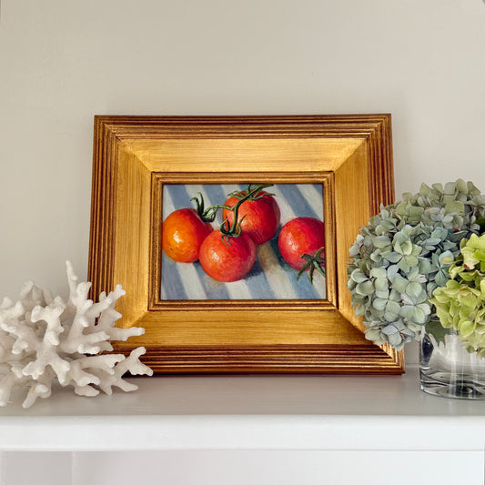 Summer Tomatoes on Blue and White Striped Cloth Still Life Oil Painting in Gold Frame