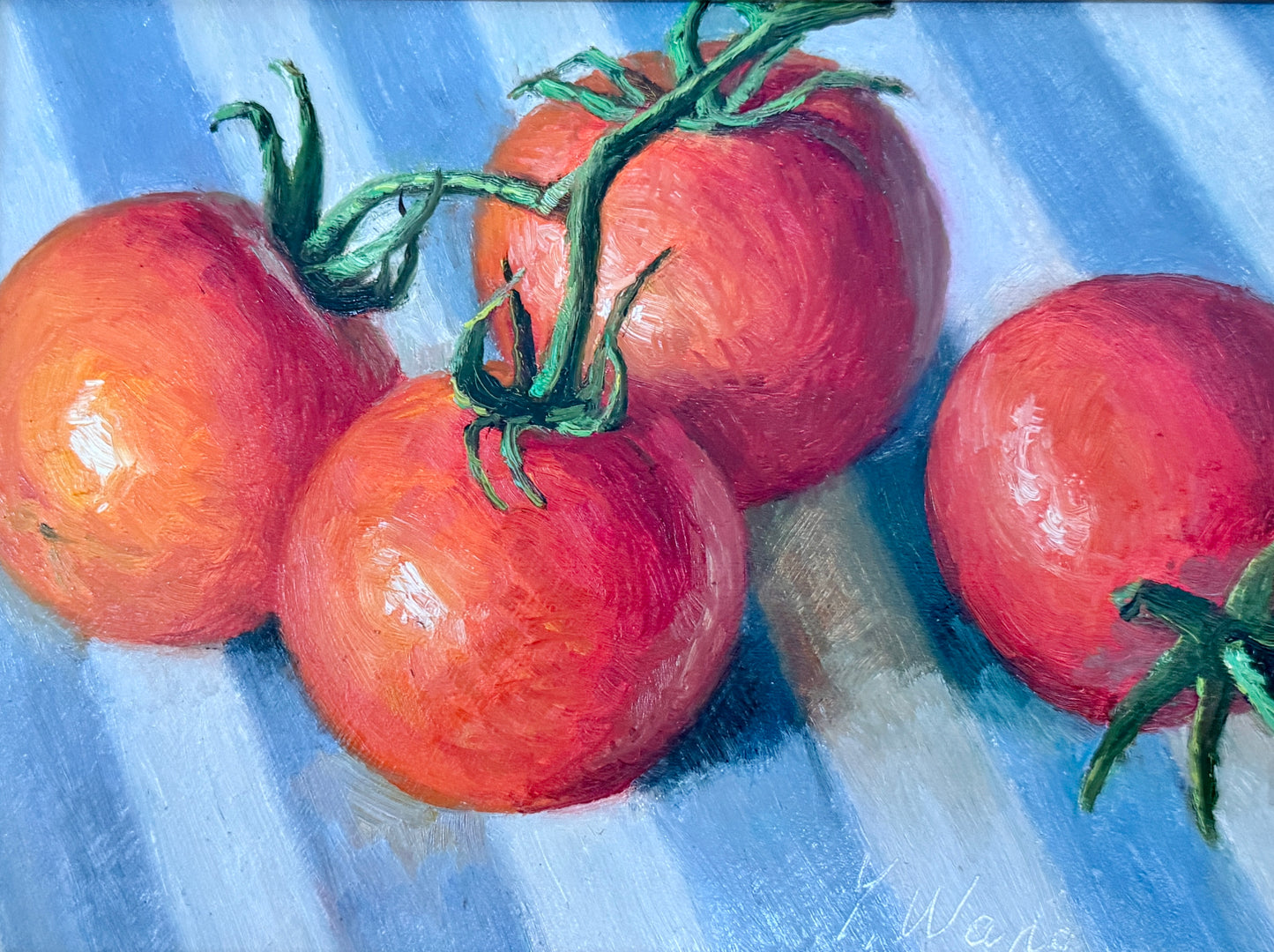 Summer Tomatoes on Blue and White Striped Cloth Still Life Oil Painting in Gold Frame