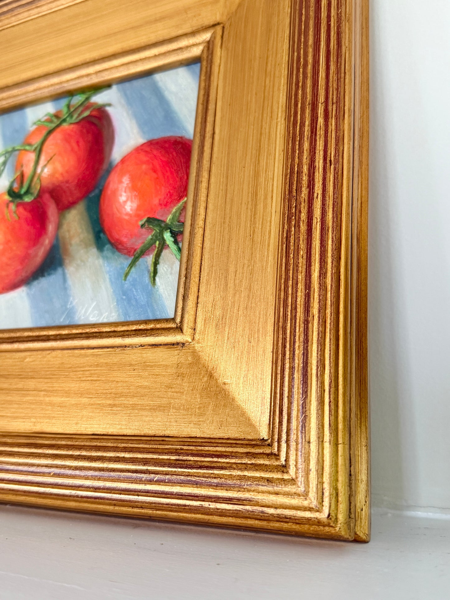 Summer Tomatoes on Blue and White Striped Cloth Still Life Oil Painting in Gold Frame