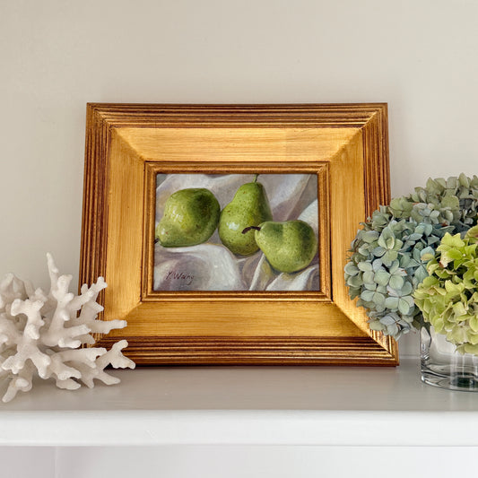 Green Pears on White Linen Still Life Oil Painting in Gold Frame
