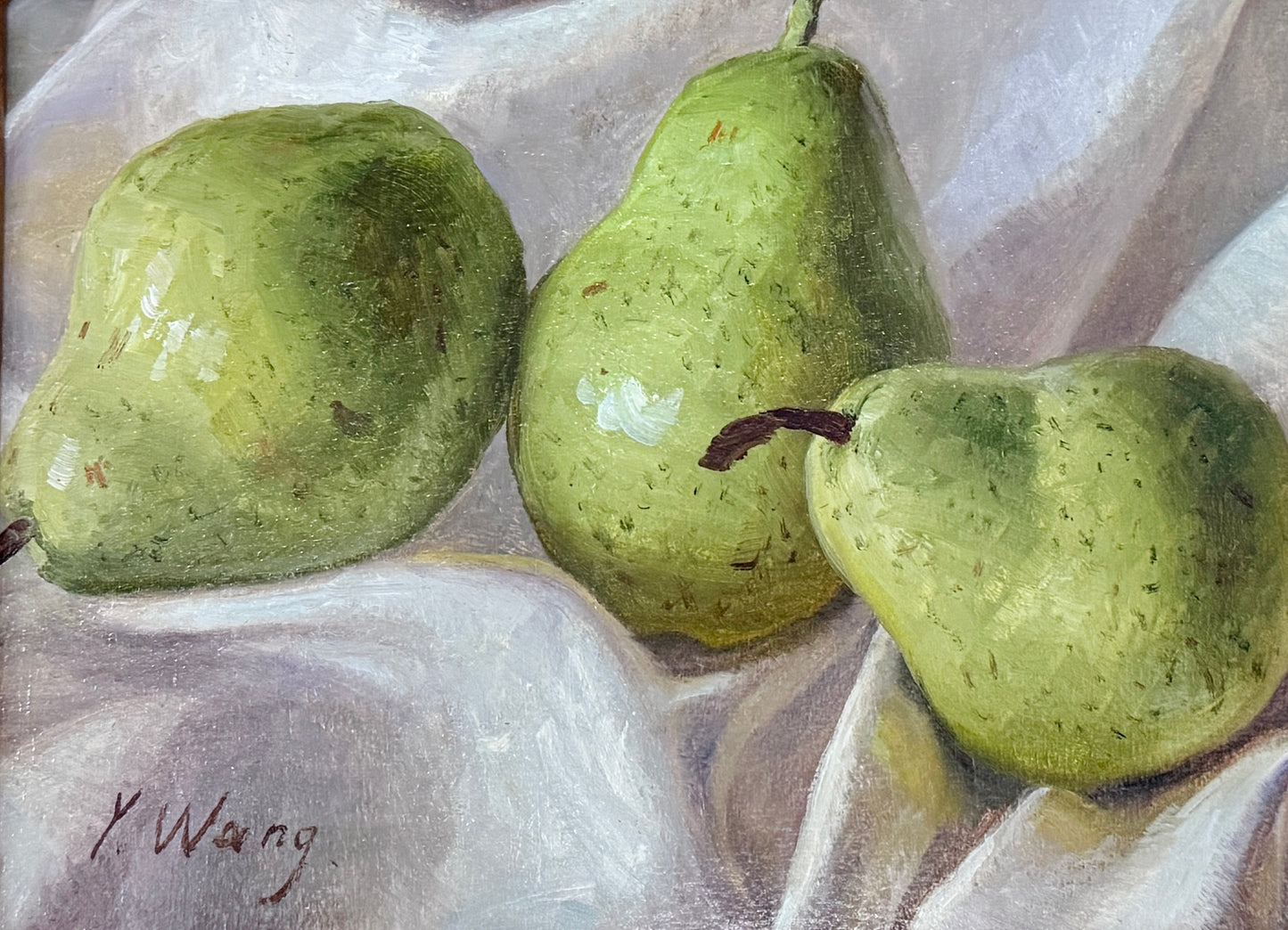 Green Pears on White Linen Still Life Oil Painting in Gold Frame