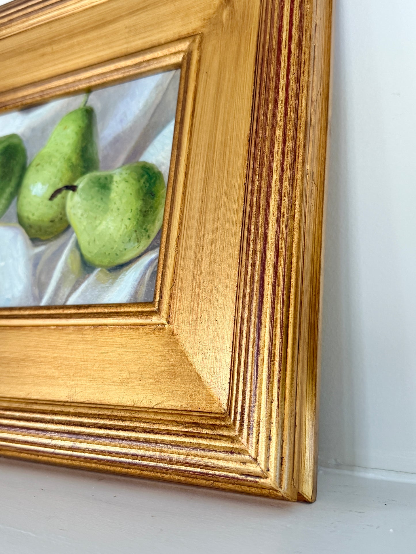 Green Pears on White Linen Still Life Oil Painting in Gold Frame