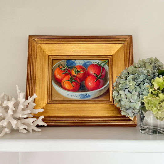 Summer Tomatoes in Blue and White Bowl Still Life Oil Painting in Gold Frame
