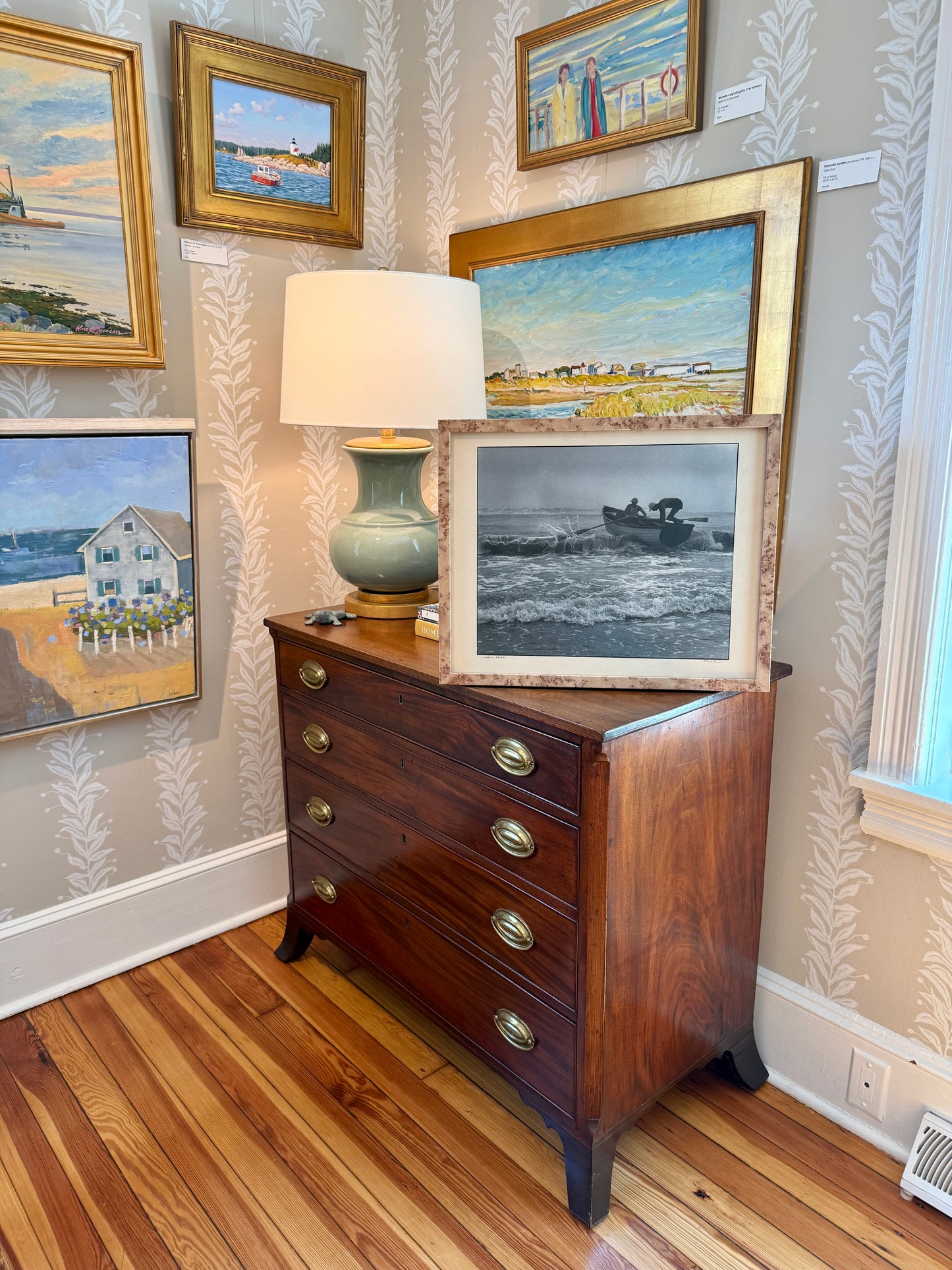 R.R. LaPelle Climbing Aboard Lifeguards Original Silver Gelatin Coastal Photograph in Burlwood Frame