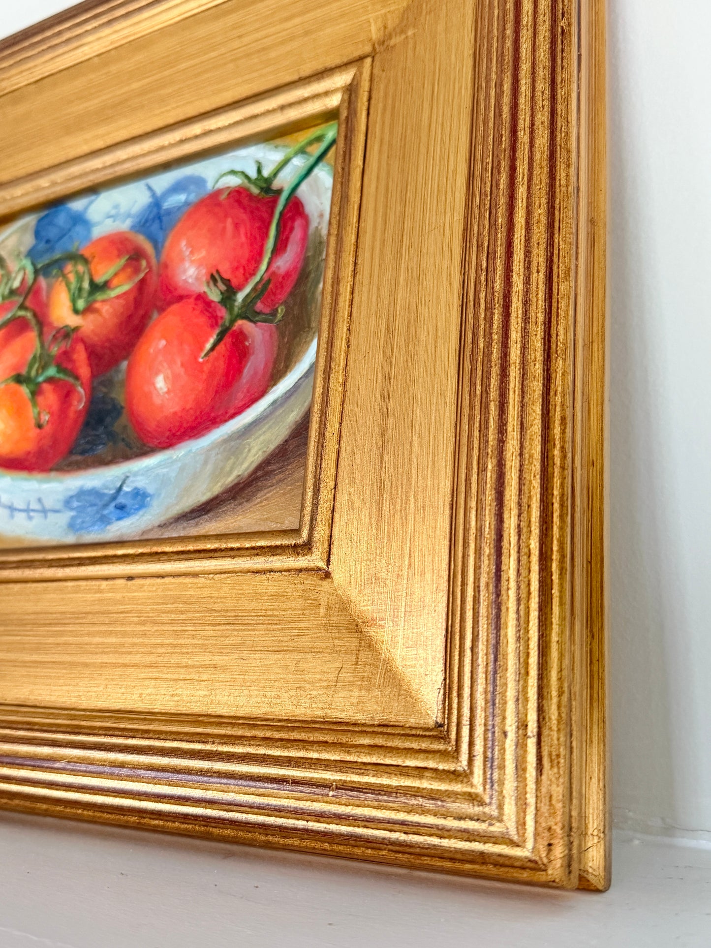 Summer Tomatoes in Blue and White Bowl Still Life Oil Painting in Gold Frame