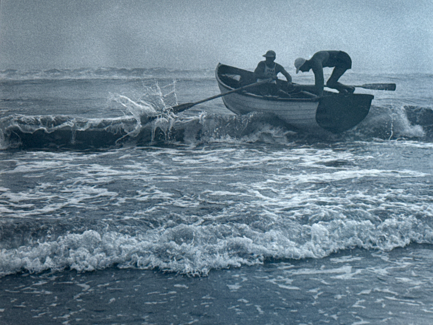 R.R. LaPelle Climbing Aboard Lifeguards Original Silver Gelatin Coastal Photograph in Burlwood Frame
