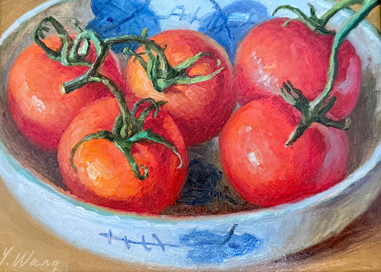 Summer Tomatoes in Blue and White Bowl Still Life Oil Painting in Gold Frame