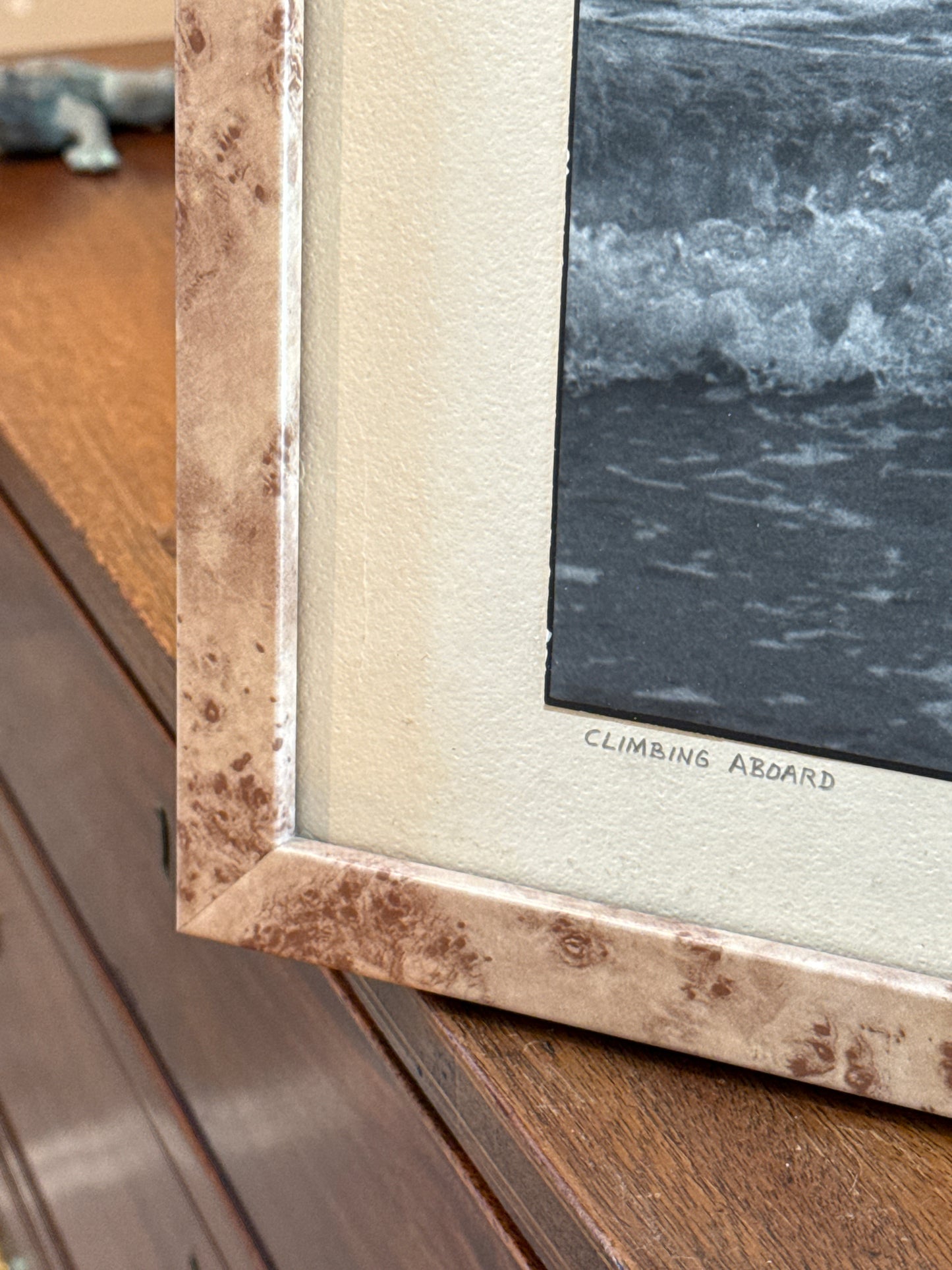 R.R. LaPelle Climbing Aboard Lifeguards Original Silver Gelatin Coastal Photograph in Burlwood Frame