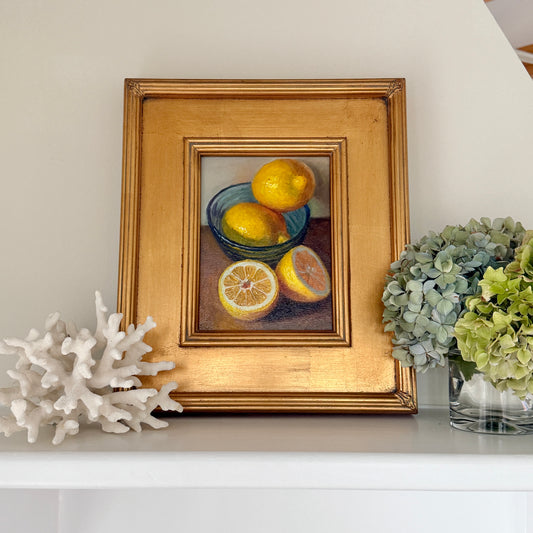 Lemons in Blue Glass Bowl Still Life Oil Painting in Gold Frame