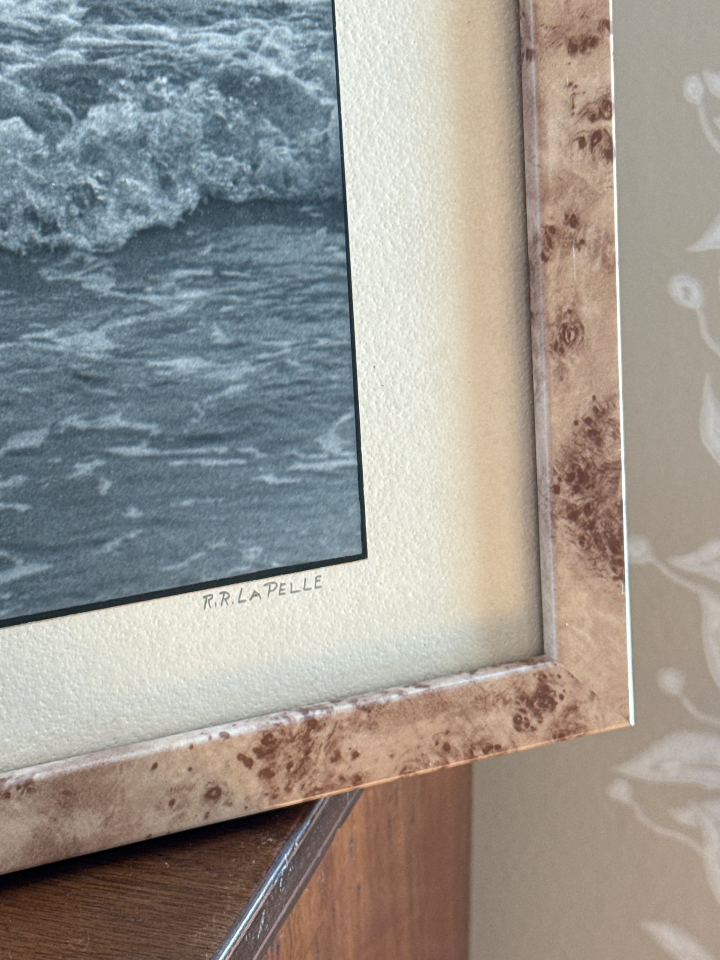 R.R. LaPelle Climbing Aboard Lifeguards Original Silver Gelatin Coastal Photograph in Burlwood Frame