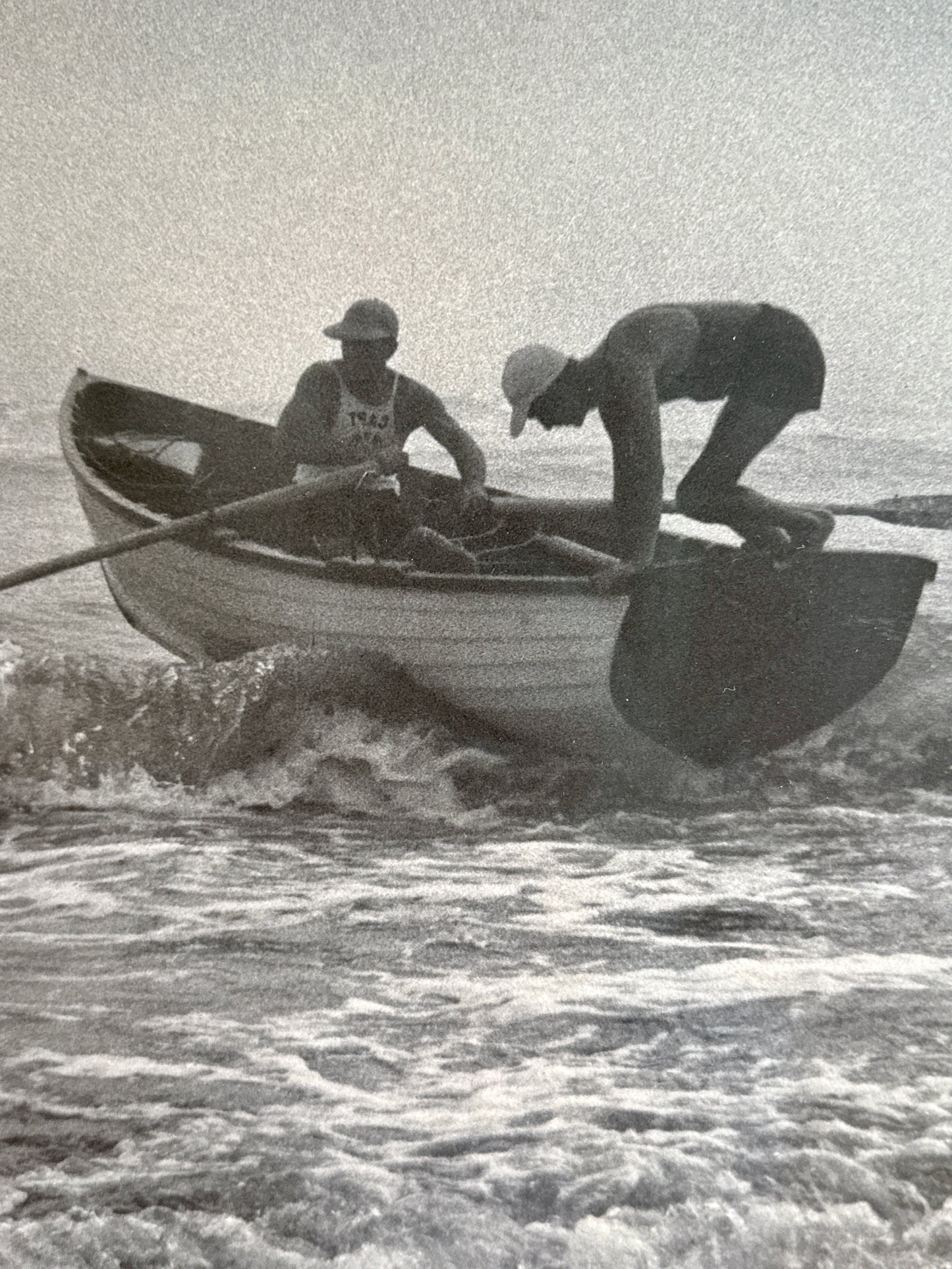 R.R. LaPelle Climbing Aboard Lifeguards Original Silver Gelatin Coastal Photograph in Burlwood Frame
