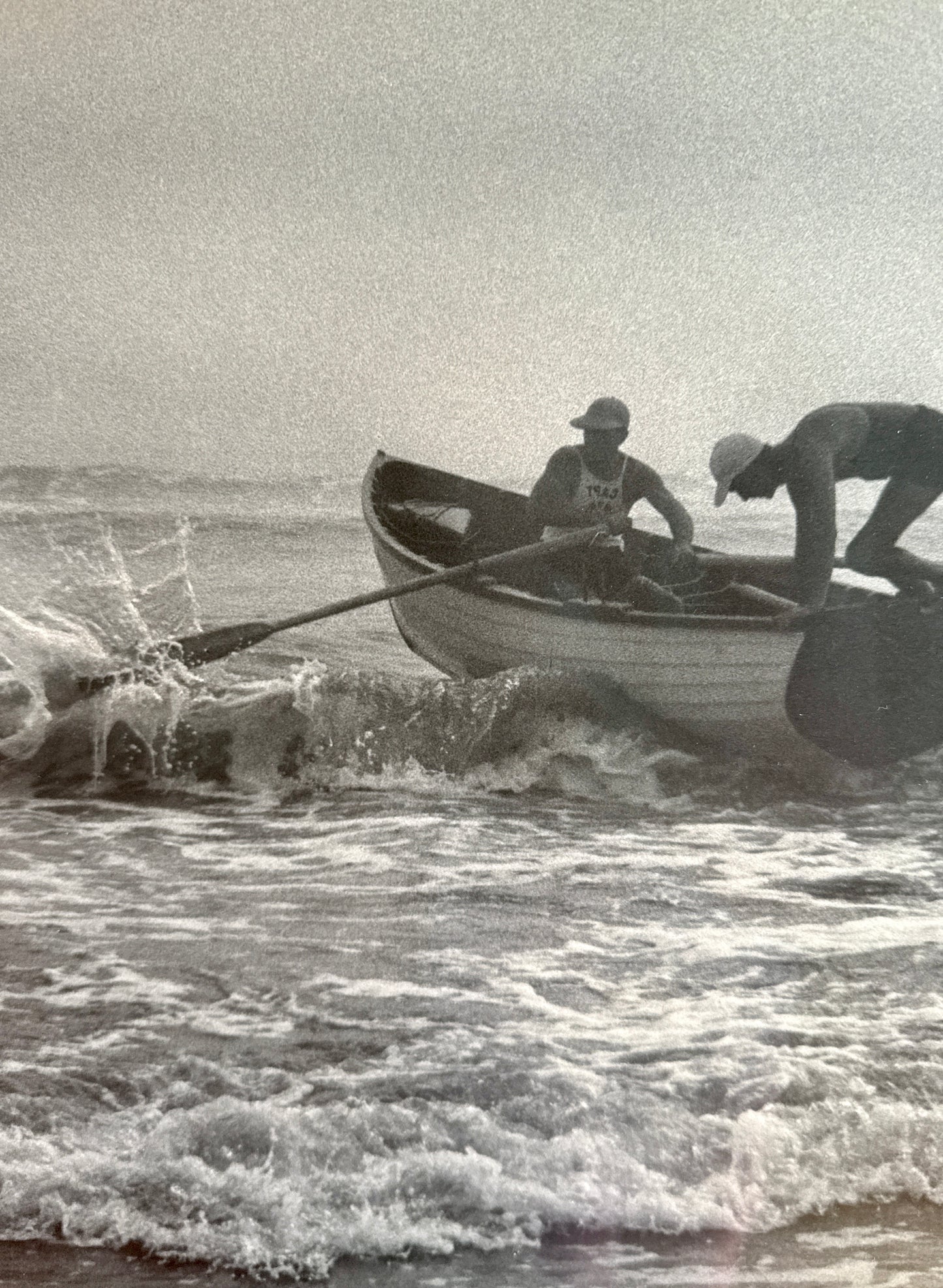 R.R. LaPelle Climbing Aboard Lifeguards Original Silver Gelatin Coastal Photograph in Burlwood Frame