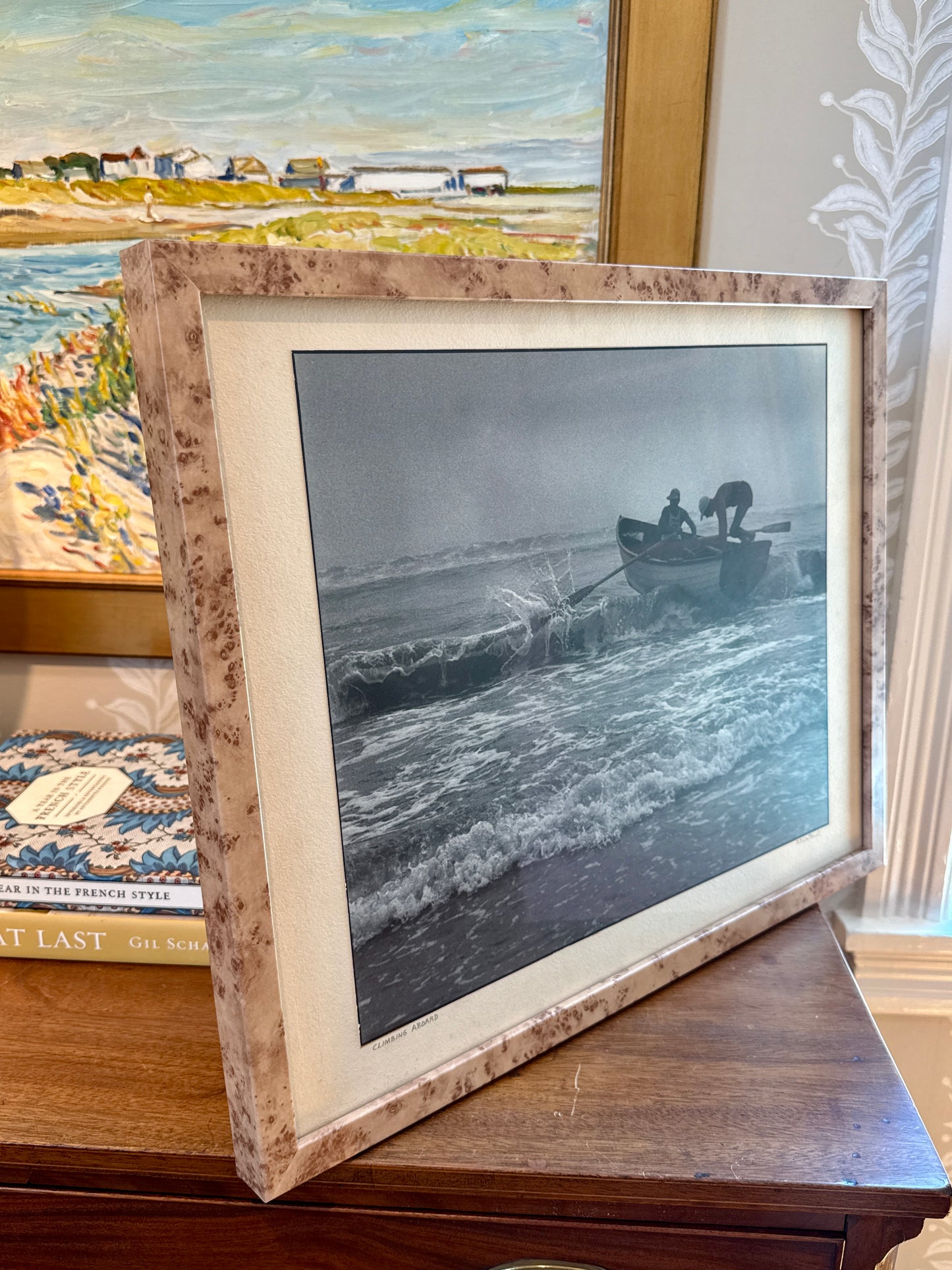 R.R. LaPelle Climbing Aboard Lifeguards Original Silver Gelatin Coastal Photograph in Burlwood Frame