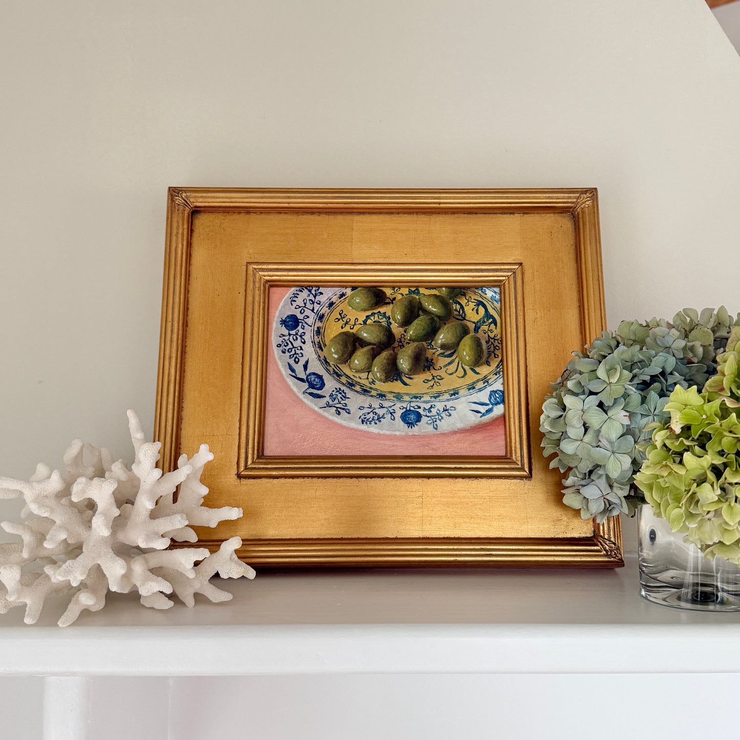 Green Olives in Olive Oil Blue White Bowl on Pink Still Life Oil Painting in Gold Frame