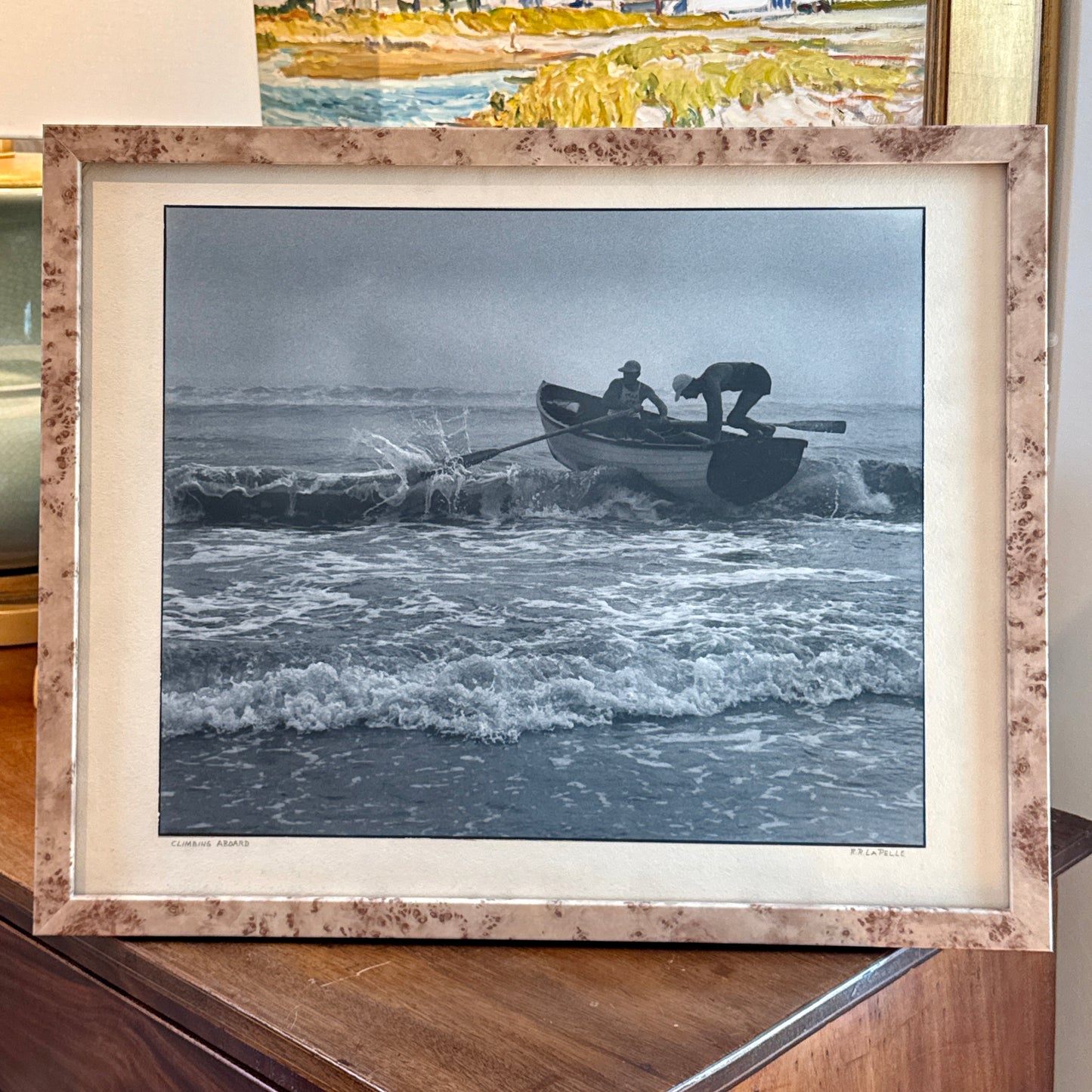 R.R. LaPelle Climbing Aboard Lifeguards Original Silver Gelatin Coastal Photograph in Burlwood Frame