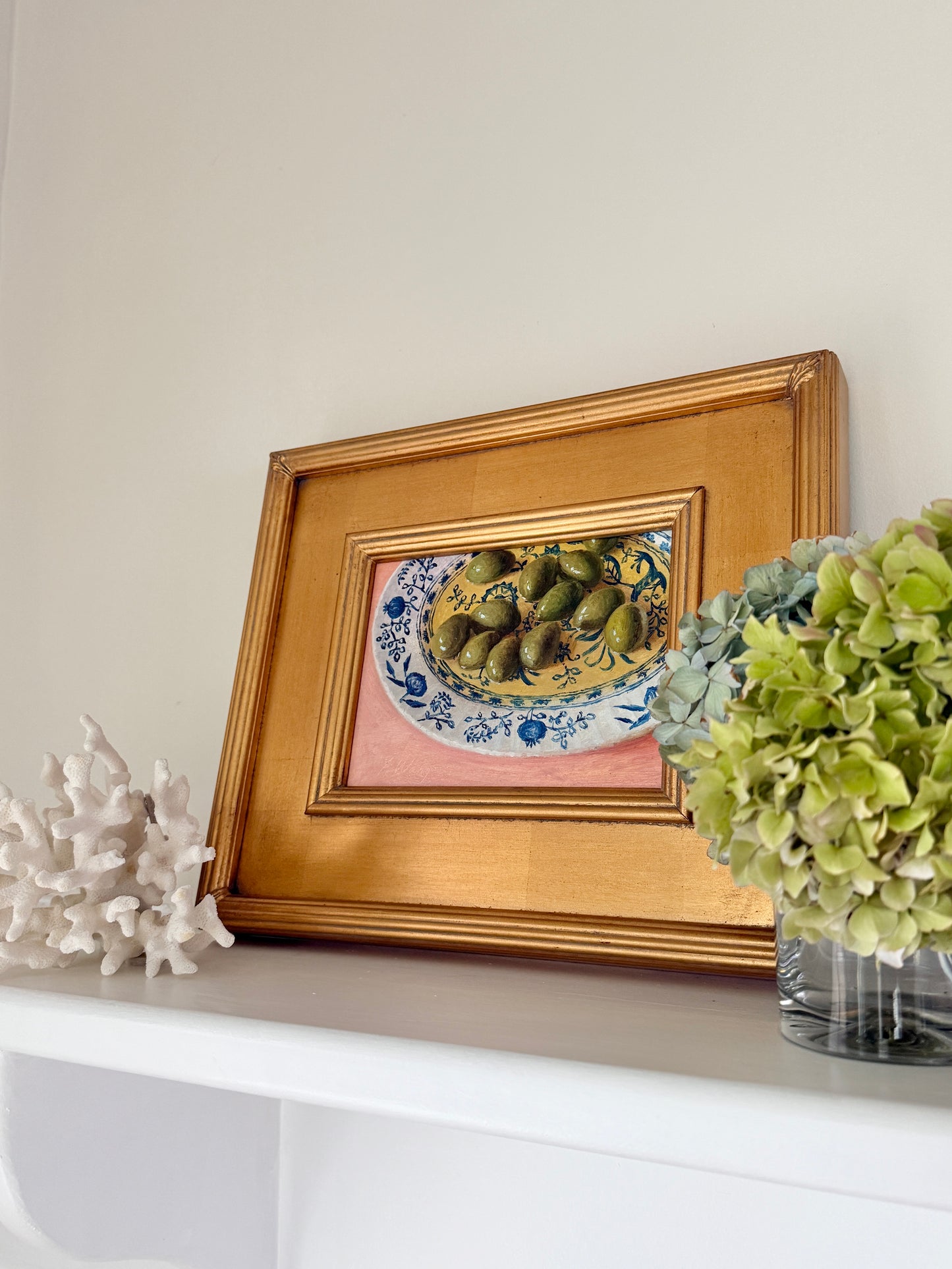 Green Olives in Olive Oil Blue White Bowl on Pink Still Life Oil Painting in Gold Frame