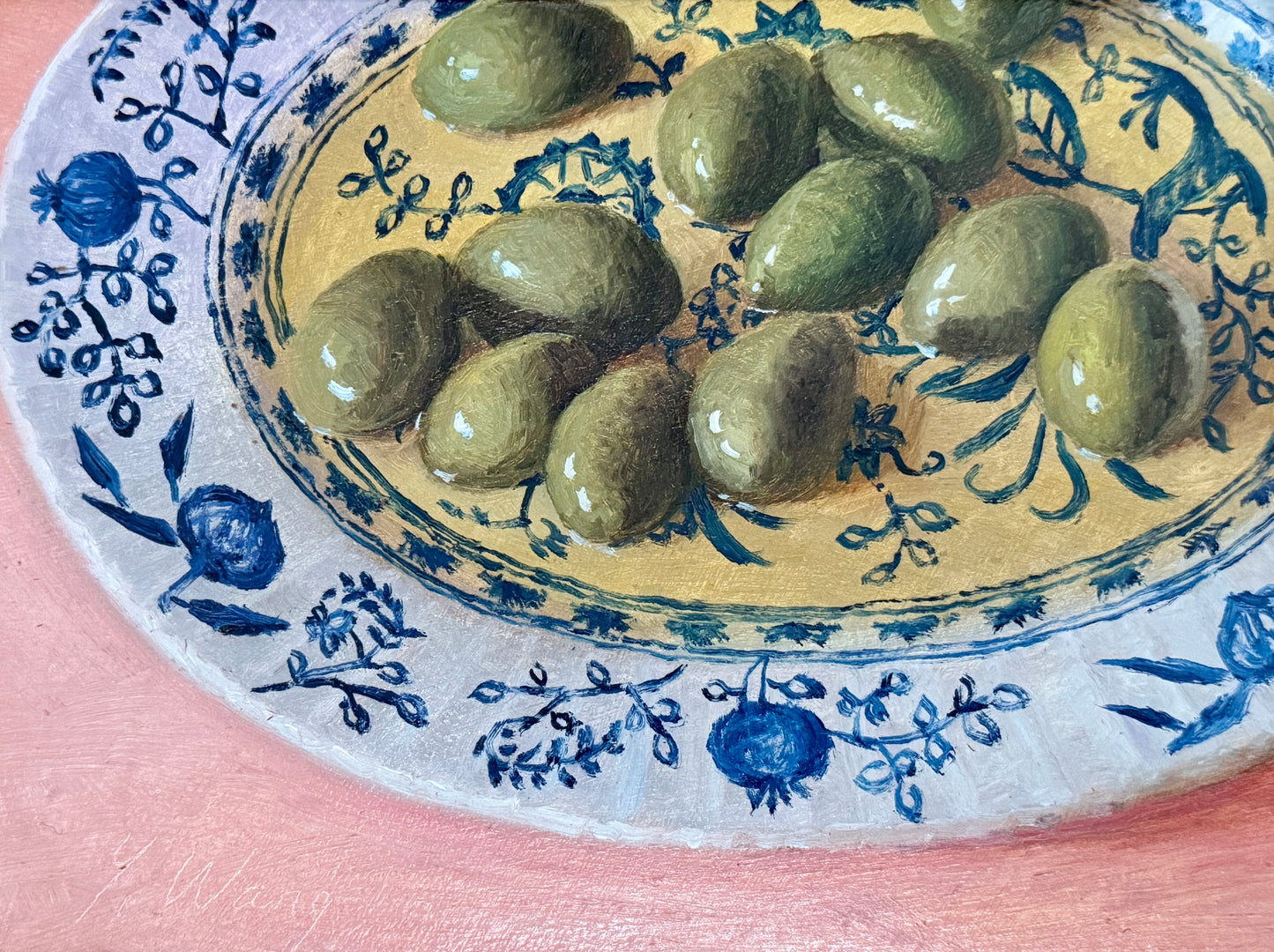 Green Olives in Olive Oil Blue White Bowl on Pink Still Life Oil Painting in Gold Frame