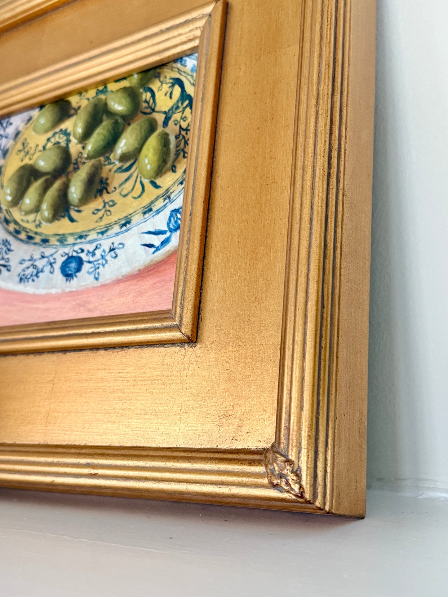 Green Olives in Olive Oil Blue White Bowl on Pink Still Life Oil Painting in Gold Frame