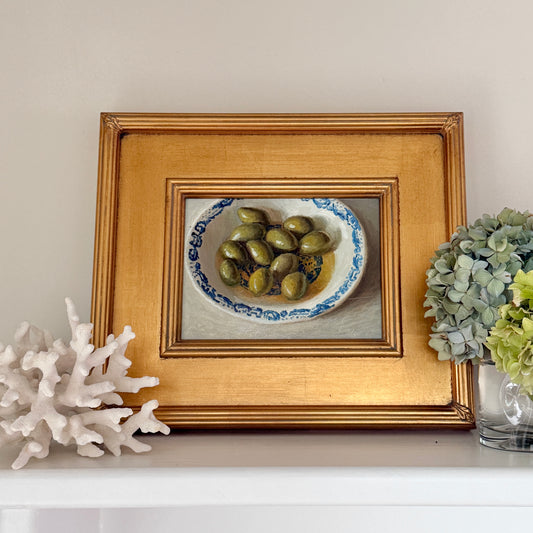 Green Olives in Olive Oil Blue White Bowl Still Life Oil Painting in Gold Frame