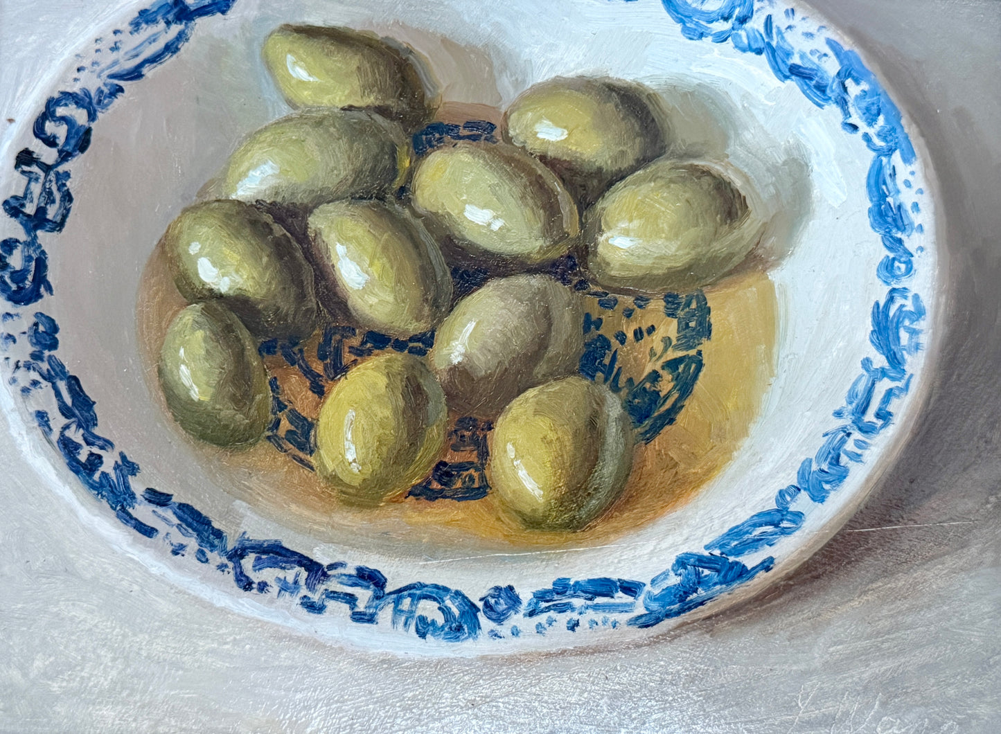 Green Olives in Olive Oil Blue White Bowl Still Life Oil Painting in Gold Frame