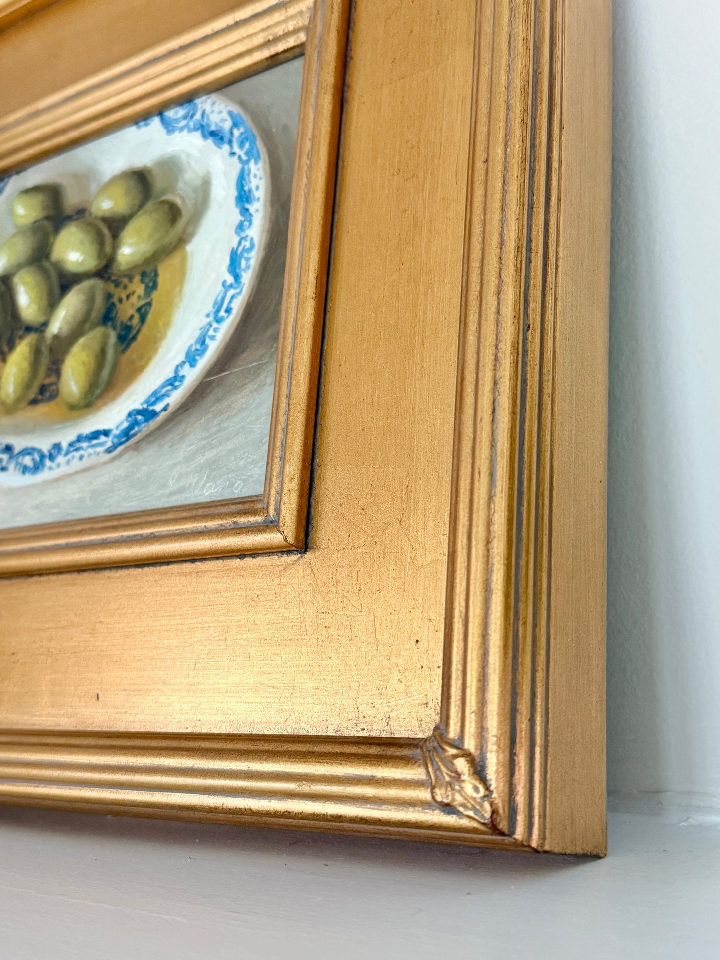 Green Olives in Olive Oil Blue White Bowl Still Life Oil Painting in Gold Frame