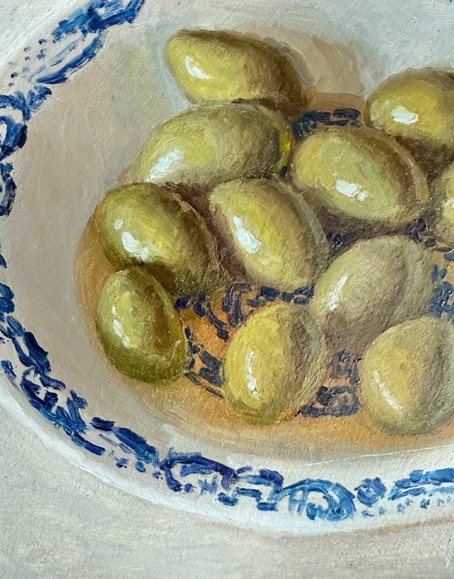 Green Olives in Olive Oil Blue White Bowl Still Life Oil Painting in Gold Frame