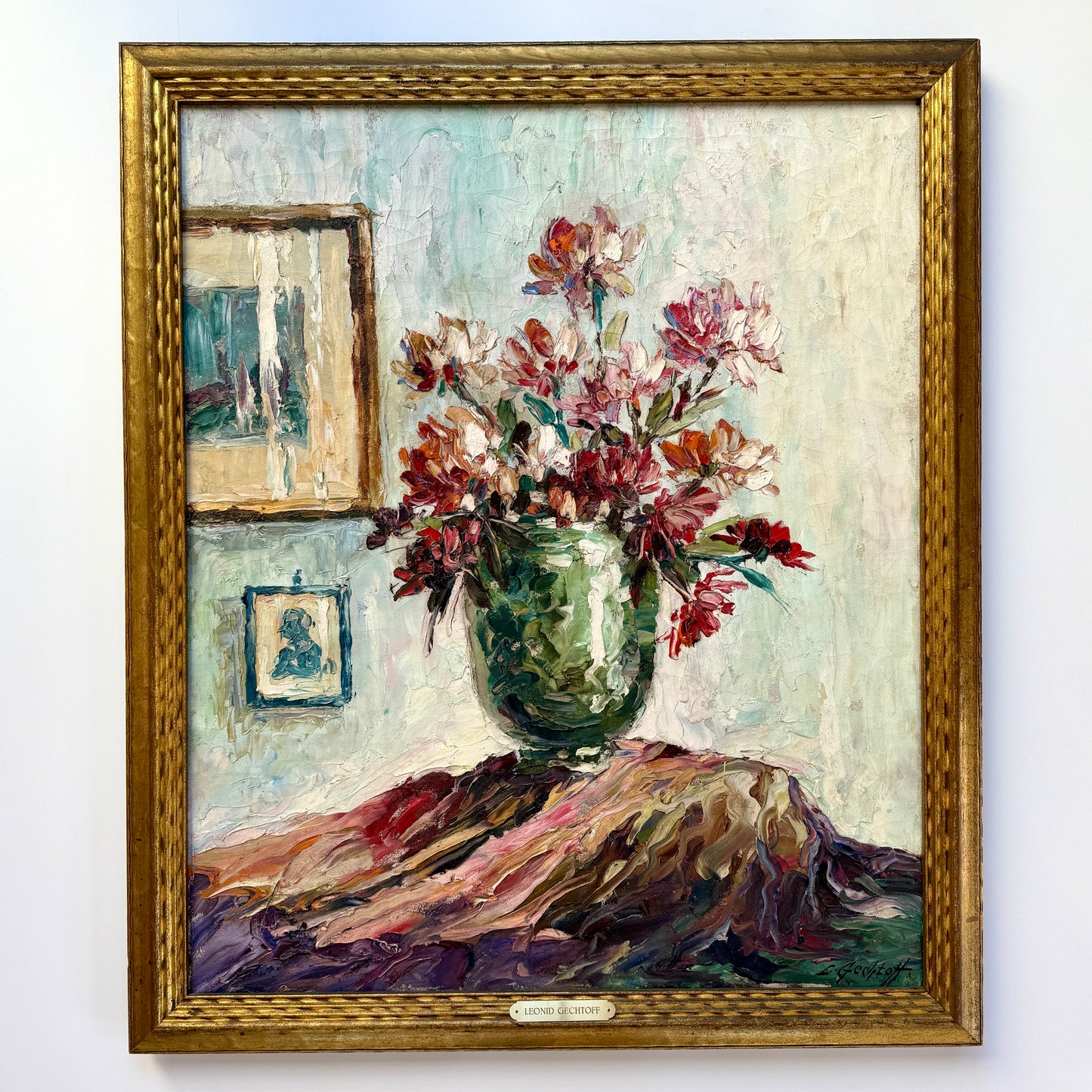 Leonid Gechtoff Still Life of Flowers in Vase with Art Impasto Oil Painting in Gold Frame