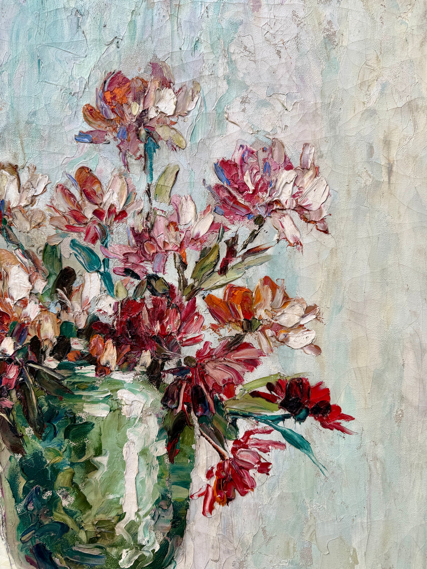 Leonid Gechtoff Still Life of Flowers in Vase with Art Impasto Oil Painting in Gold Frame