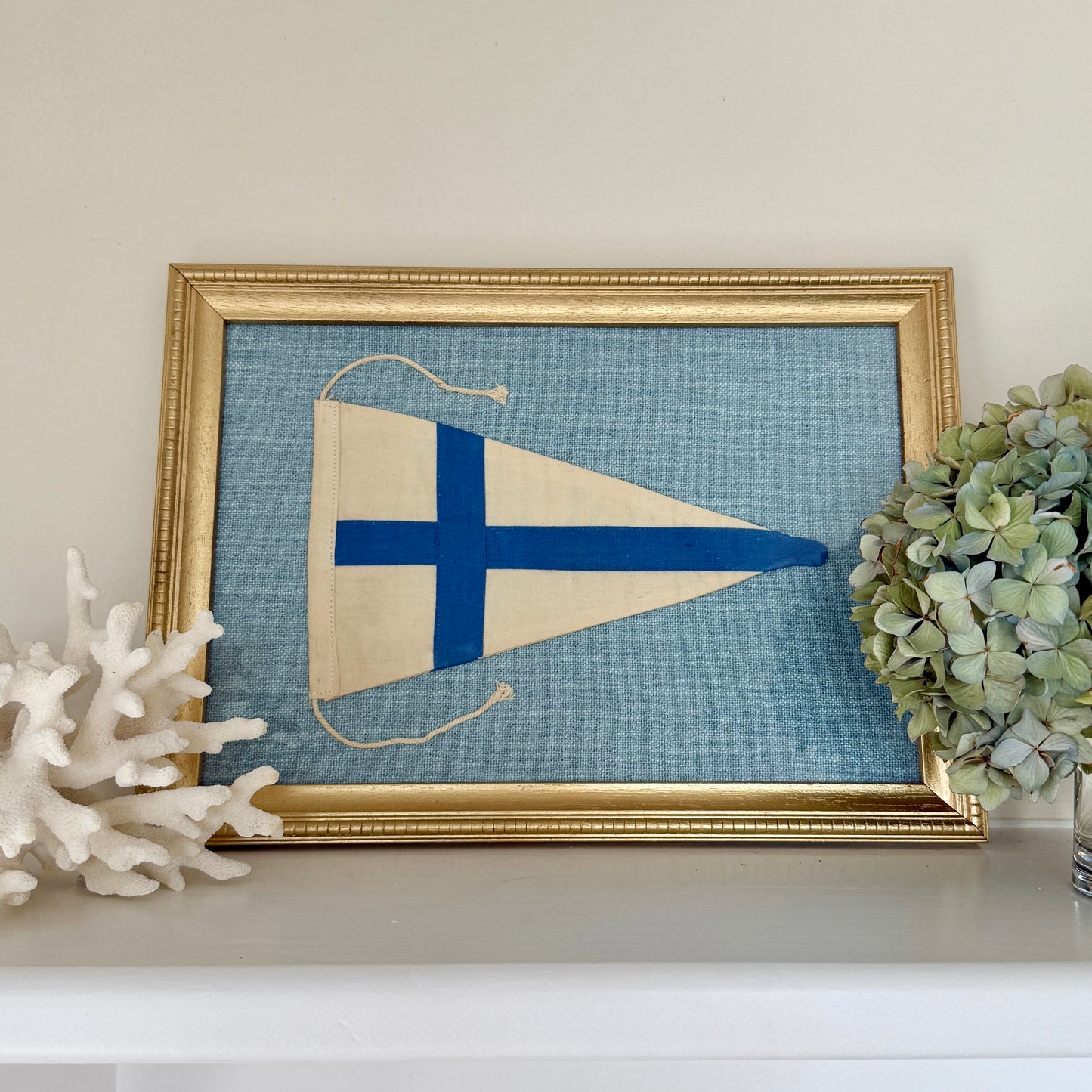 Vintage Canvas Vimpel Flag of Finland on Light Blue Tweed in Gold Frame