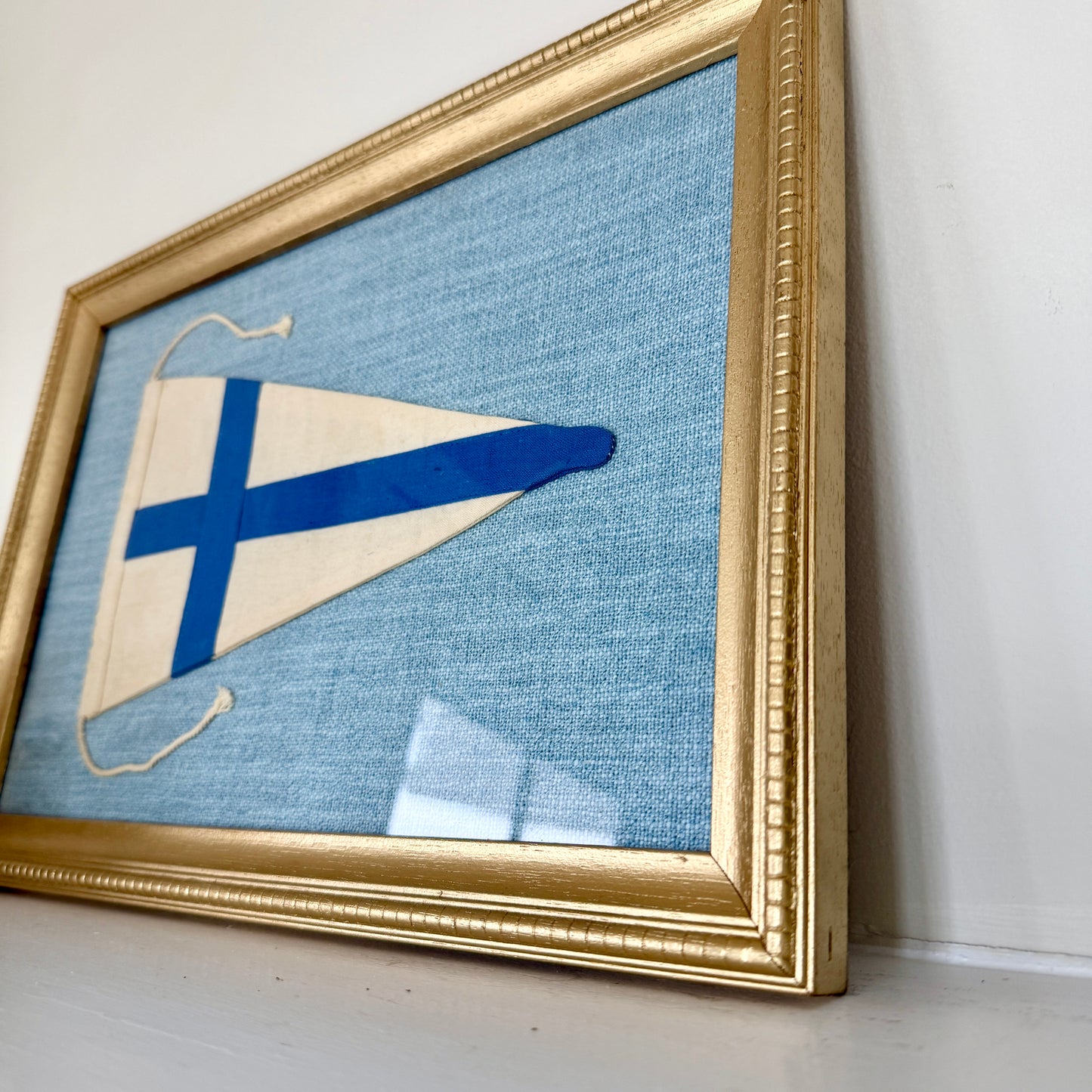 Vintage Canvas Vimpel Flag of Finland on Light Blue Tweed in Gold Frame