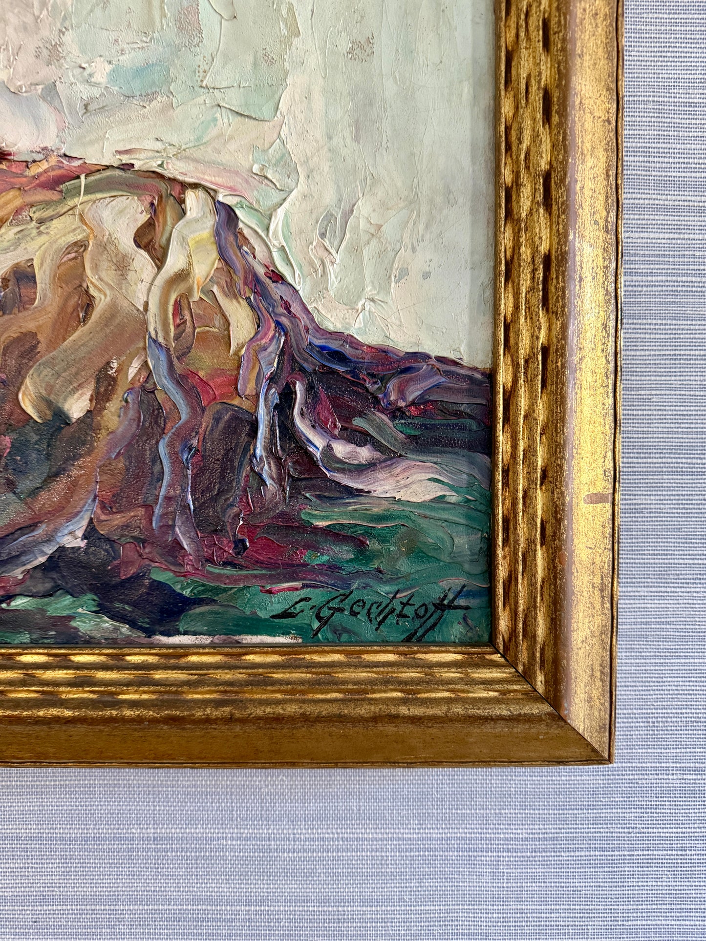 Leonid Gechtoff Still Life of Flowers in Vase with Art Impasto Oil Painting in Gold Frame