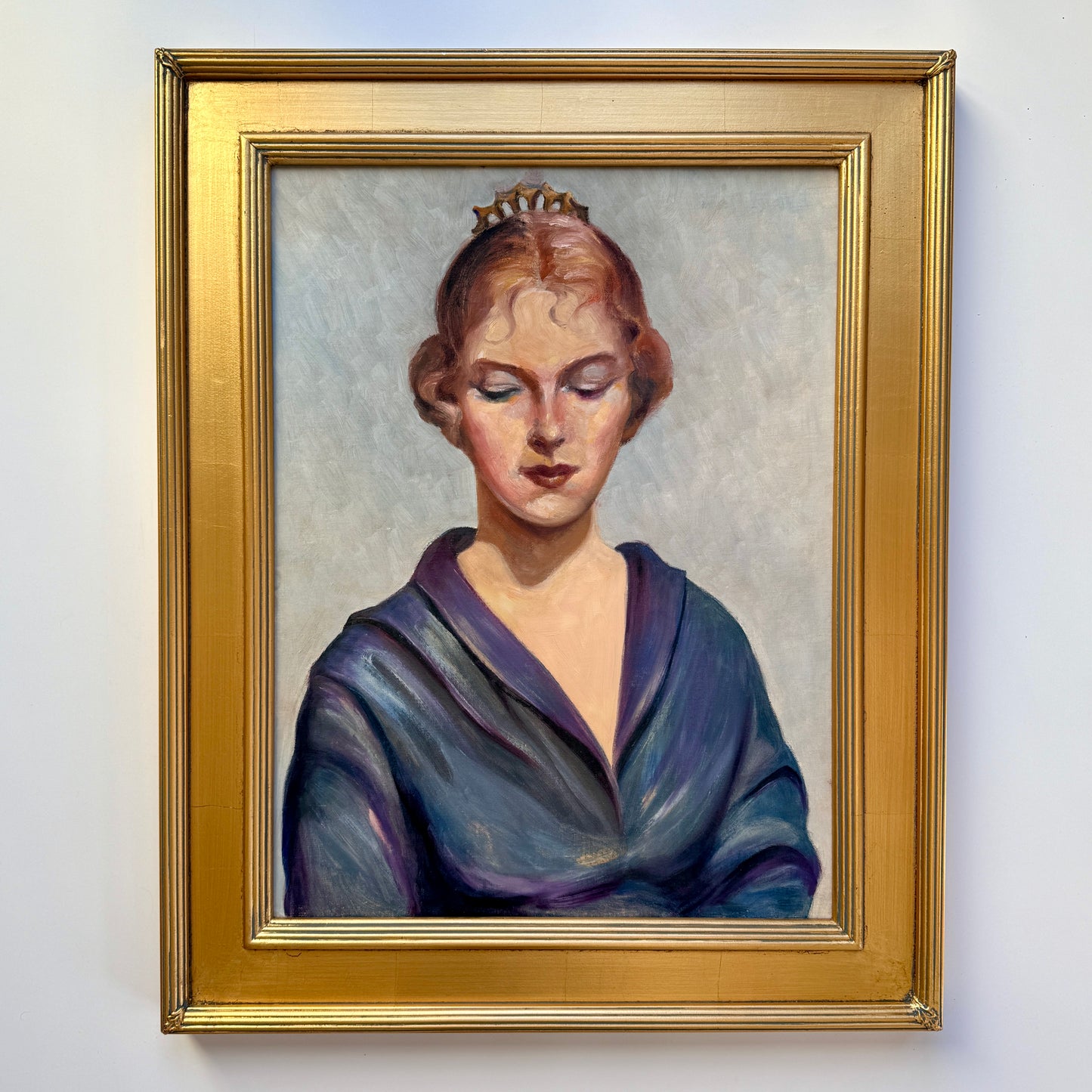 Vintage American Lady with Small Crown Portrait Oil Painting in Gold Frame