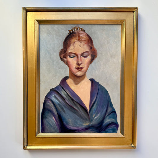 Vintage American Lady with Small Crown Portrait Oil Painting in Gold Frame